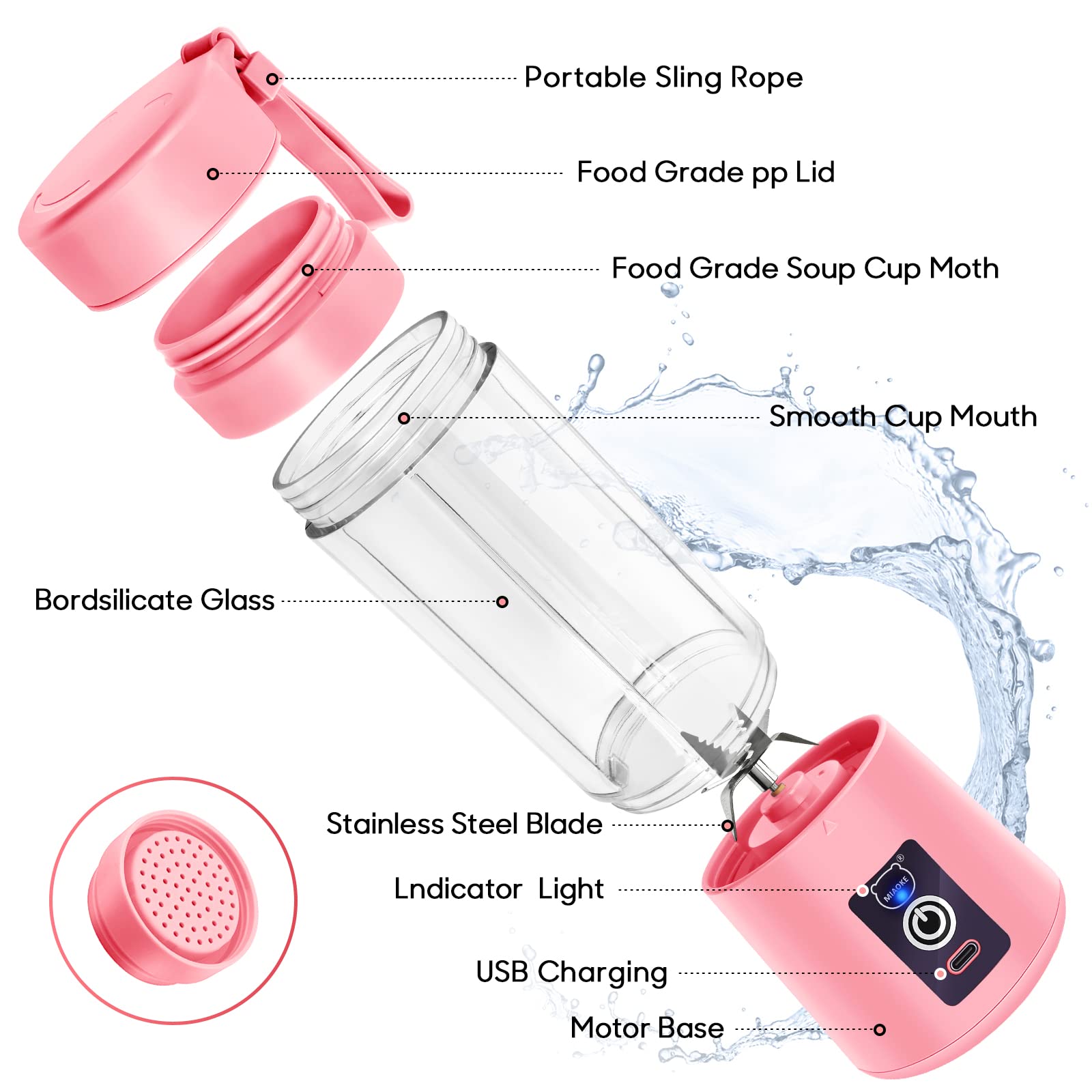 MIAOKE Portable Blender - 3D 6-Blade USB Rechargeable Mini Smoothie Maker & Personal Juicer Cup for Home, Office, Gym, Travel - Perfect for Shakes, Protein Drinks & Baby Food (Pink)