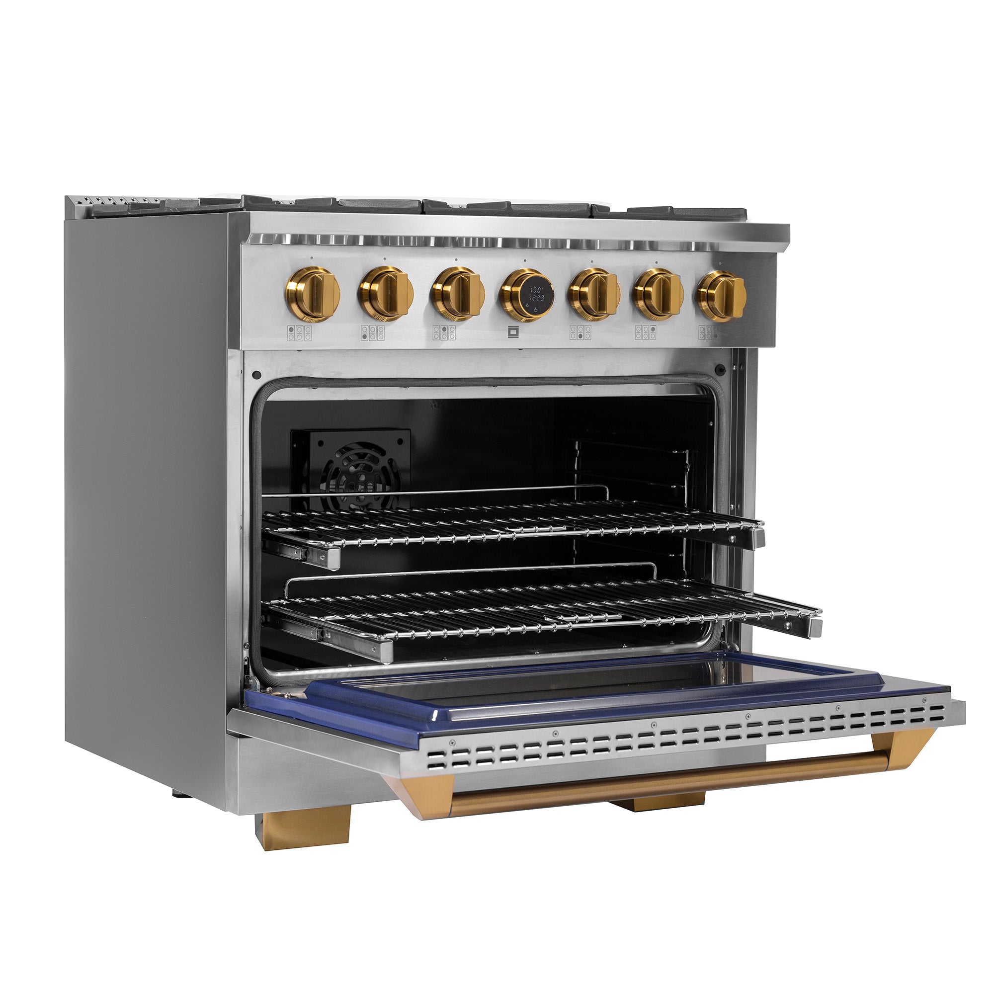 36-inch 5.2 cu. ft. 6-Burner Dual Fuel Range - Stainless Steel Gas Stove with Gold Accents & Kucht Horus Thermostat - Perfect for Home Kitchens, Restaurants, and Professional Chefs