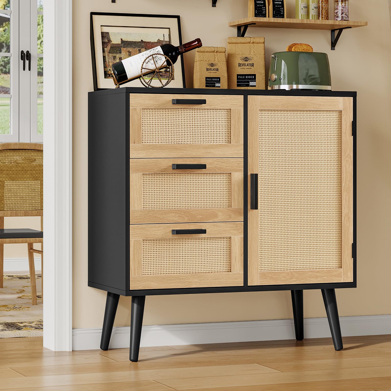 Iwell Rattan Storage Cabinet with 3 Drawers & Adjustable Shelf - Entryway, Living Room, Dining Room Accent Cabinet - Black & Natural for Home Organization & Stylish Decor