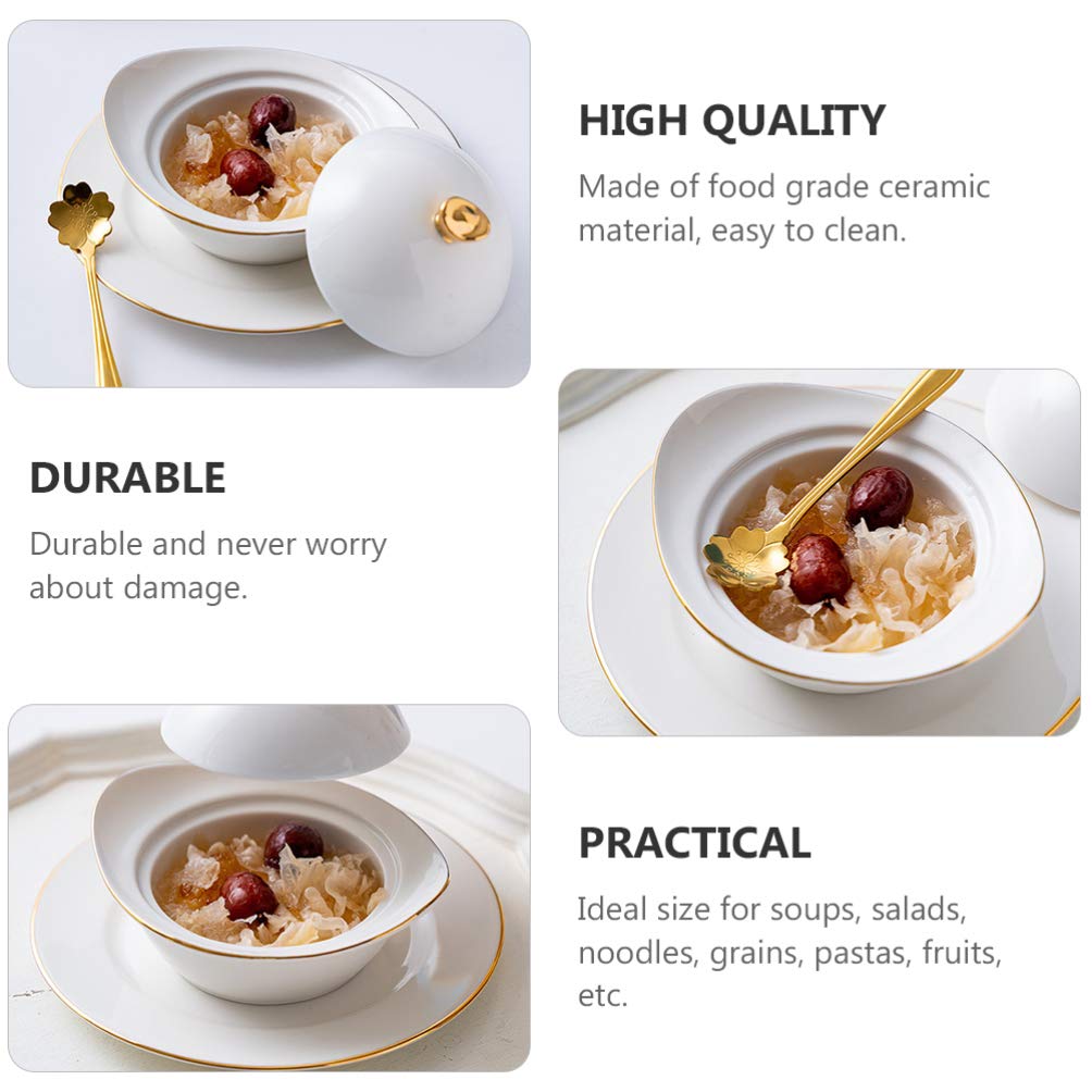 DOITOOL Ceramic Soup Bowl with Lid - 16oz Porridge Bowl with Spoon, Sauce Dish & Steaming Egg Cup - Microwave & Oven Safe for Noodles, Oatmeal, Desserts - Perfect for Home, Kitchen & Restaurant Use