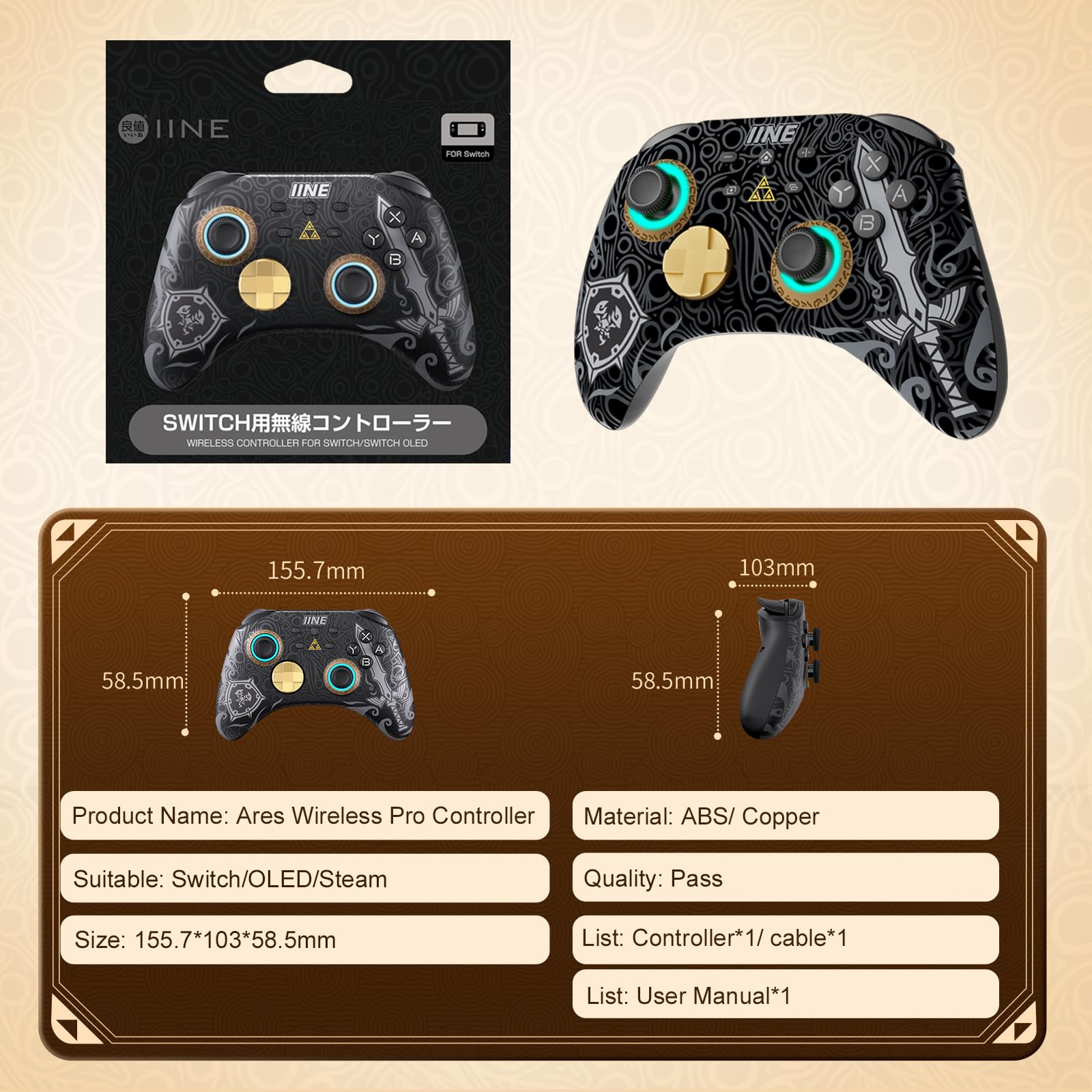 IINE Wireless Pro Controller for Nintendo Switch/Lite/OLED - RGB Gamepad with Headset Jack, Macro Settings, Turbo Mode & Adjustable Dual-Motor Vibration - Perfect for Gaming at Home or On-The-Go