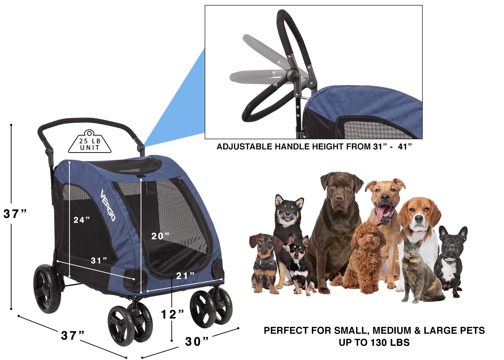 Vergo Blue Foldable Pet Stroller Wagon Cart - 4 Wheel Dog Stroller with Adjustable Handle & Zipper Entry, Mesh Skylight for Small to Large Dogs, Cats & Pets - Perfect for Park Walks, Shopping Trips & Outdoor Adventures