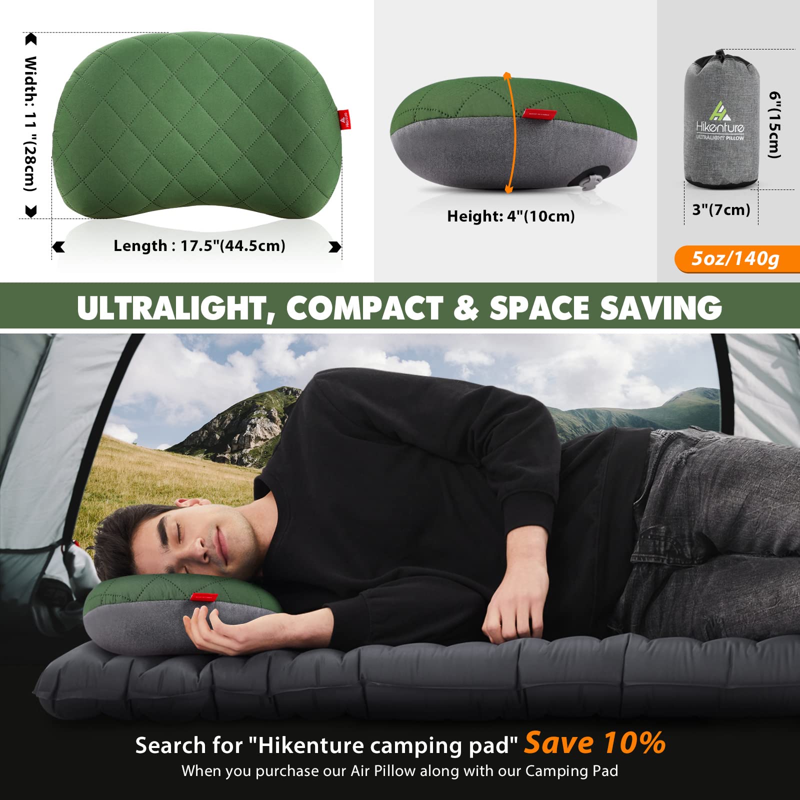 Hikenture Double Sleeping Pad with Foot Pump - 2 Camping Pillows Included | Lightweight Inflatable Air Mattress for Camping, Hiking, Backpacking & Outdoor Adventures (Green)