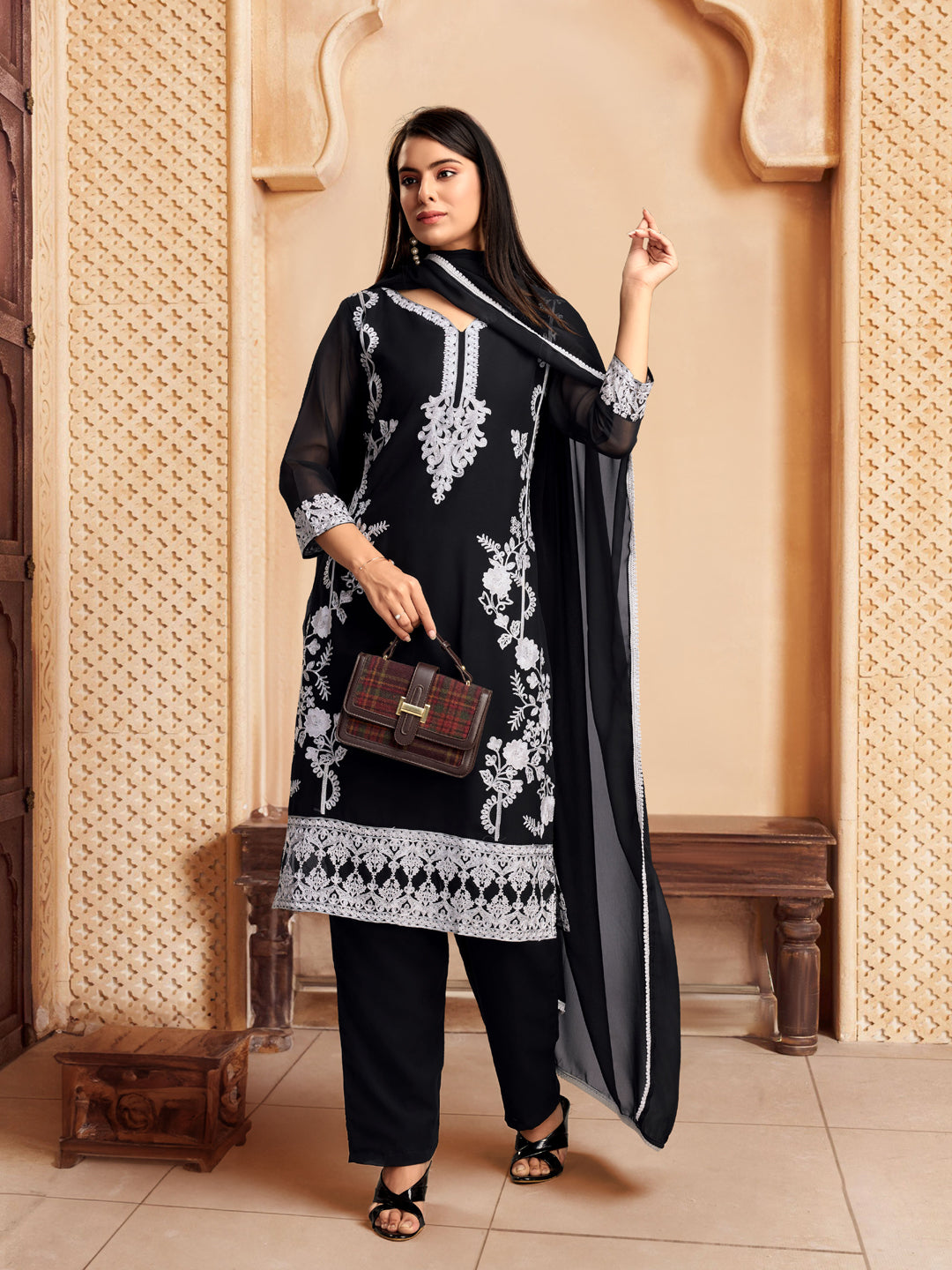 Elegant Black Designer Pant Suit with Chikankari Embroidery - Ready to Wear Women's Formal Outfit for Office, Parties & Special Occasions