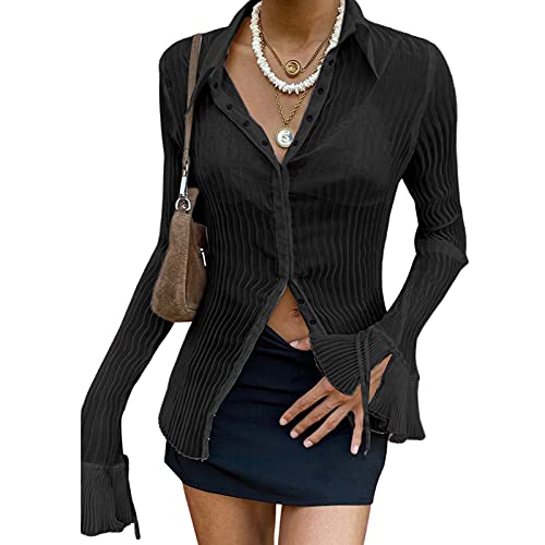 Y2K Vintage Women's Button Down Shirt Cardigan & Flare Sleeve Crop Top - Solid Color E-Girl Streetwear Blouse for Casual Outfits & Retro Fashion