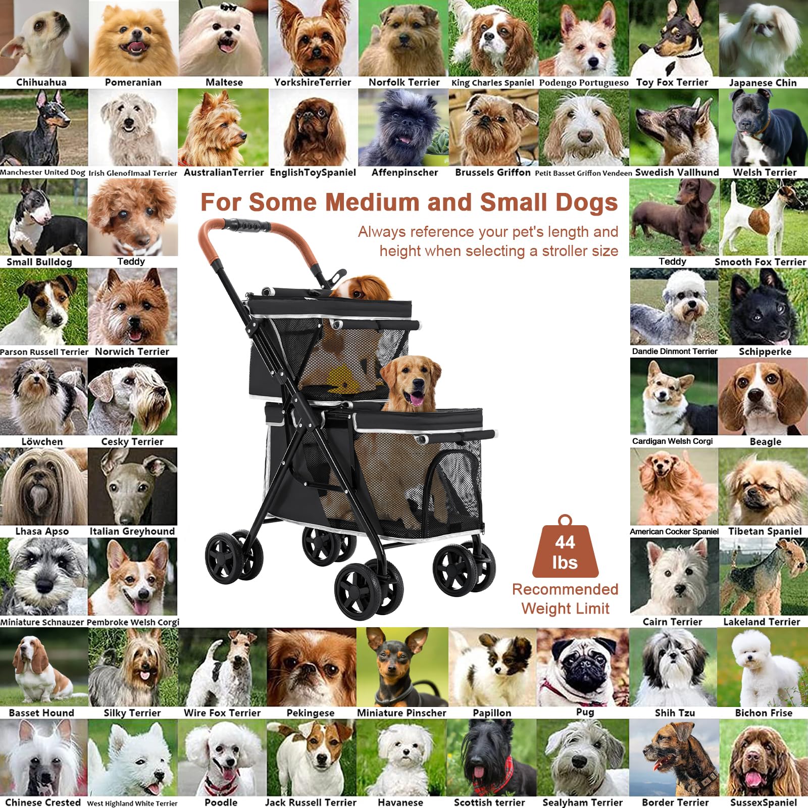 Double Pet Stroller for Dogs and Cats - Foldable 4-Wheel Travel Carrier for Small & Medium Pets - One-Hand Operation - Perfect for Park Walks, Vet Visits & Shopping Trips - Black