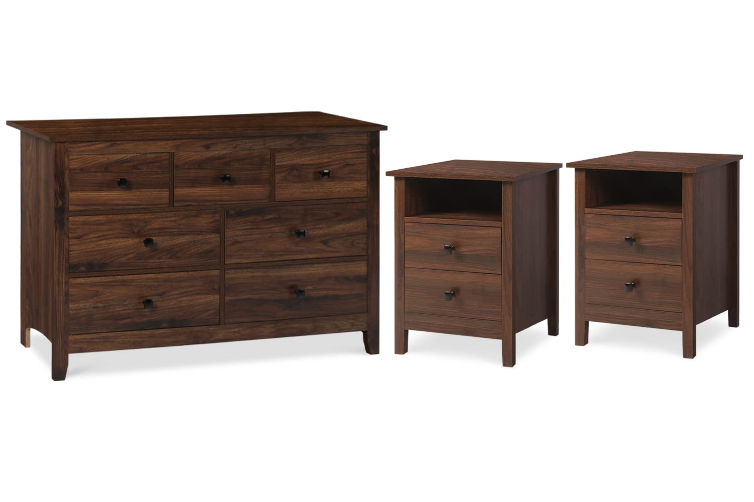 Vikiullf 3-Piece Wooden Dresser and Nightstand Set - 7-Drawer Dresser & 2-Drawer Nightstands, Brown Wood Grain Bedroom Furniture for Master Bedroom, Guest Room or Dorm