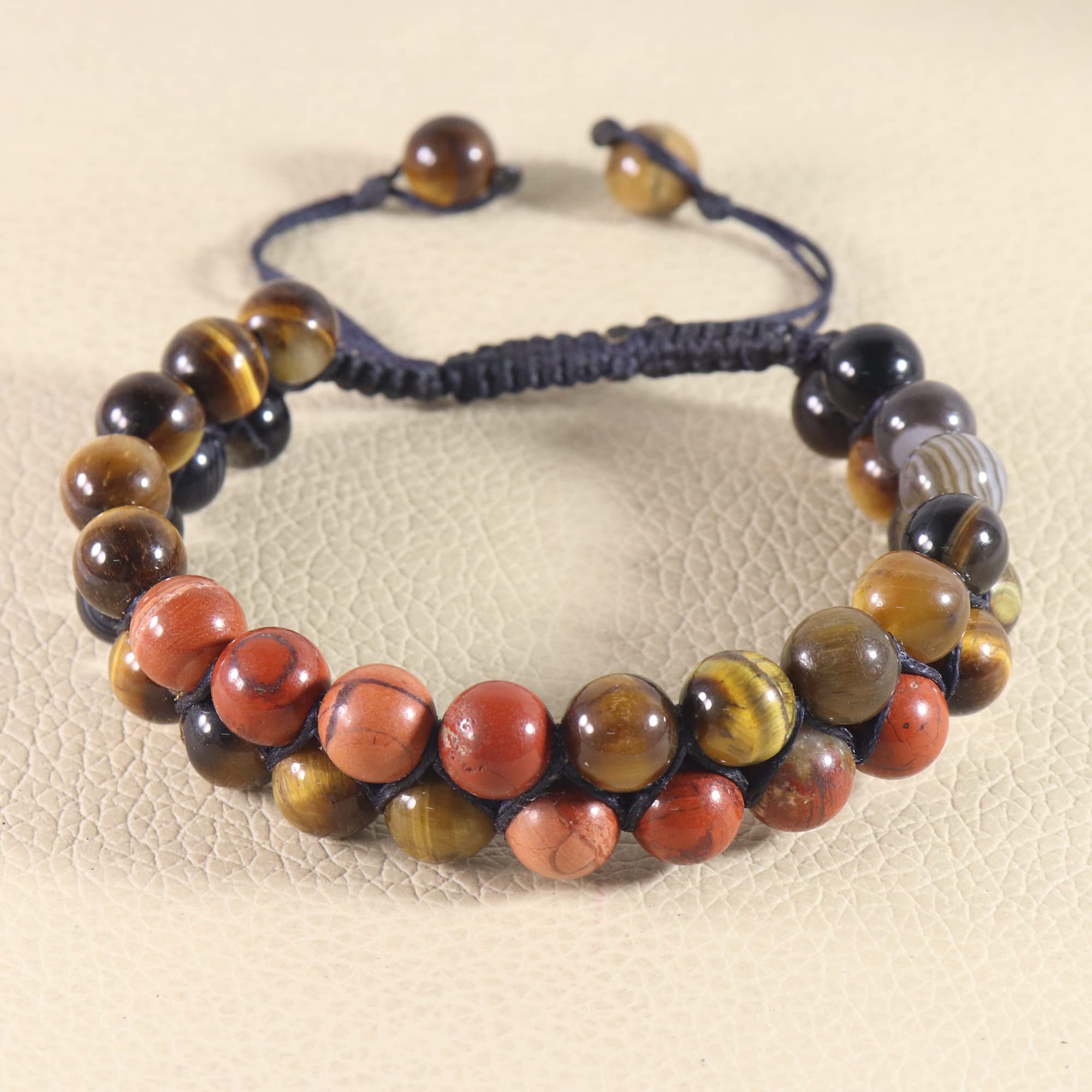 Natural Botswana Agate Macrame Bracelet with Tiger Eye & Red Jasper - 8X8mm Handmade Gemstone Bracelet for Women, Daily Wear Jewelry Gift for Mom - Perfect for Meditation, Yoga & Spiritual Healing