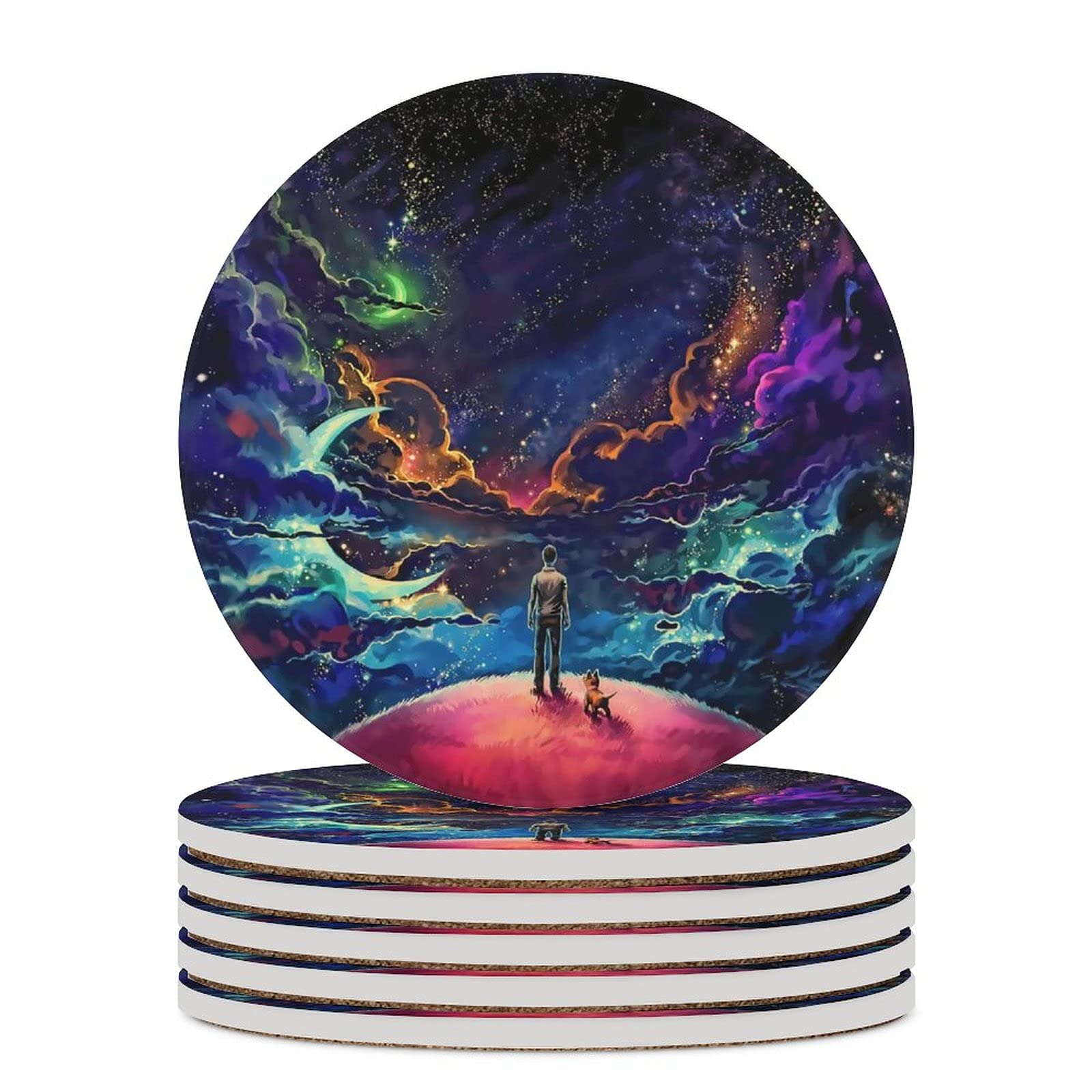 Echocreat Star Sky Ceramic Coasters Set of 6 - Absorbent Funny Printed Coasters with Ceramic Stone & Cork Base - Perfect for Kitchen, Restaurant, Bar Decor and Home Party Use