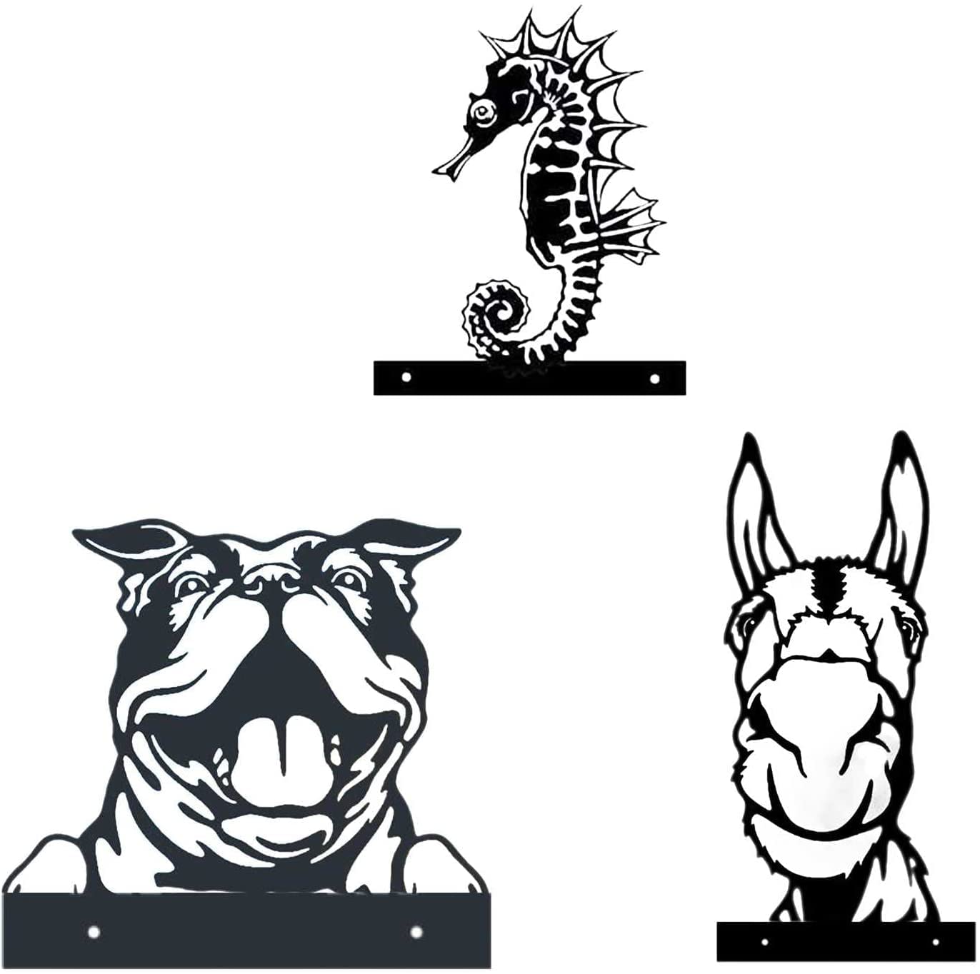 3-Piece Metal Animal Wall Art Set - Farm Dog, Donkey & Seahorse Sculptures | Outdoor Garden Fence Decor | Safety Certified Metal Wall Art for Yard & Patio | Rustic Home & Farmhouse Decoration