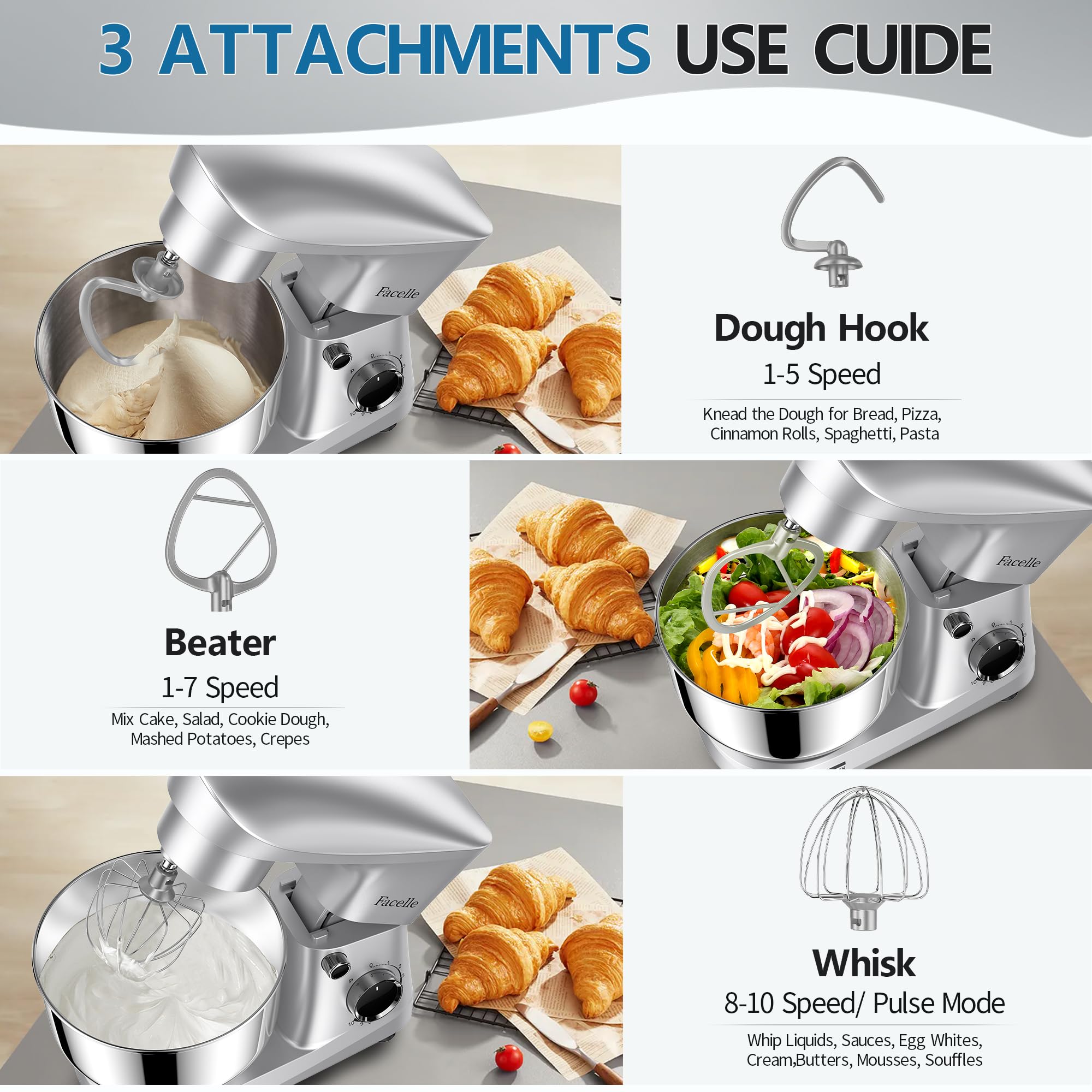 10-Speed 6QT Stand Mixer with Tilt-Head - Kitchen Electric Mixer Includes Beater, Dough Hook, Wire Whip & Egg Separator - Perfect for Baking Cakes, Cookies, Bread & Dough - Silver