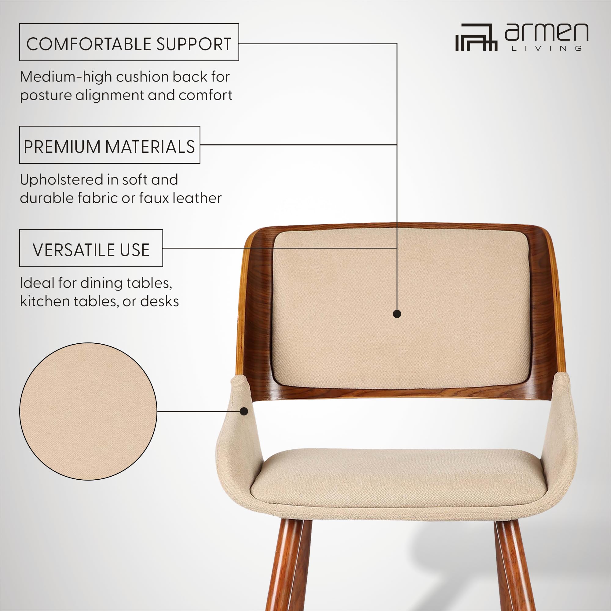 Armen Living Panda Mid Century Modern Dining Chair - Brown Fabric Upholstery & Walnut Wood Finish - Perfect for Kitchen, Home Office, Desk, and Vanity Areas