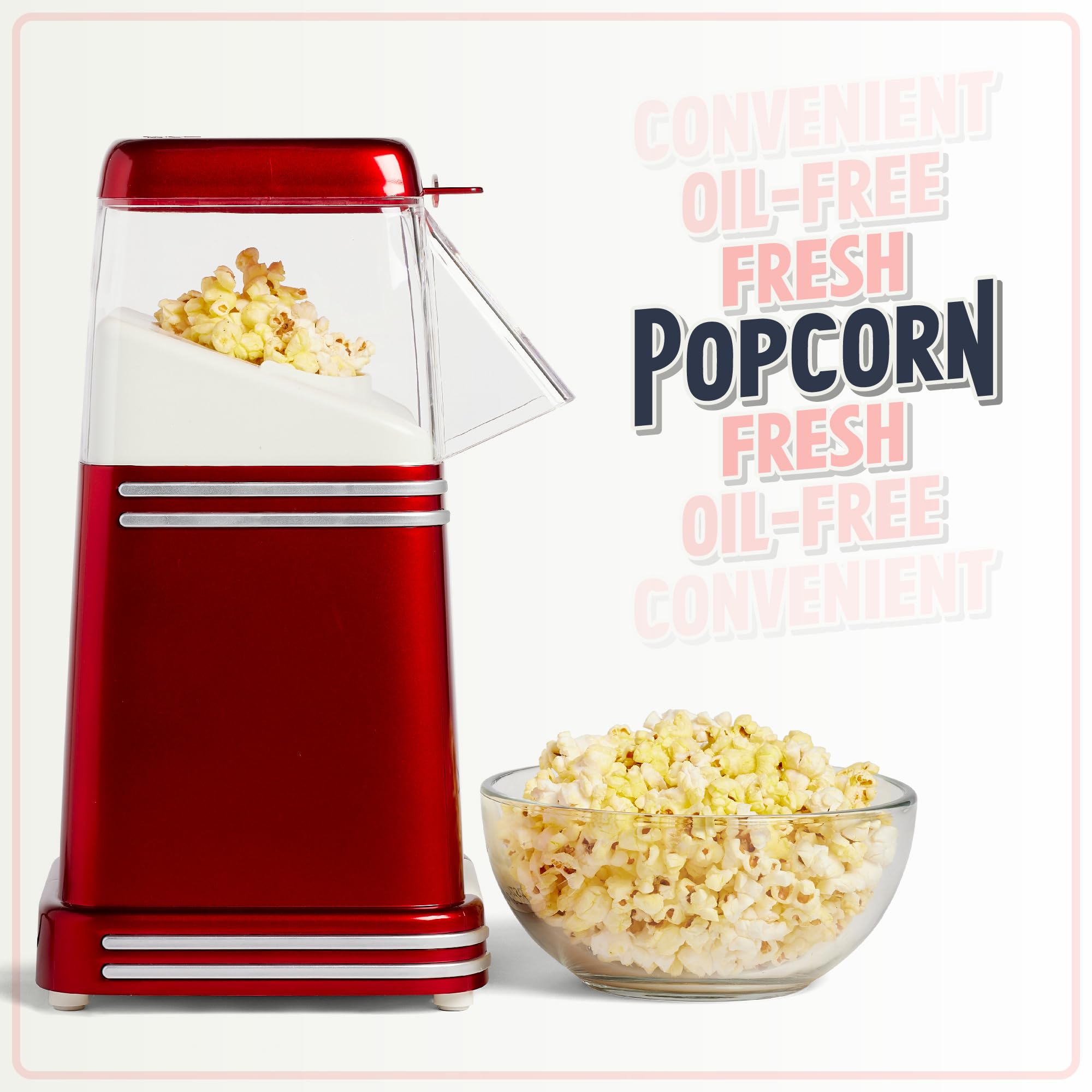 Nostalgia Hot-Air Electric Popcorn Maker Machine - 8 Cup Capacity, Oil-Free Healthy Snack Maker with Measuring Scoop, Retro Red Design for Movie Nights & Family Gatherings
