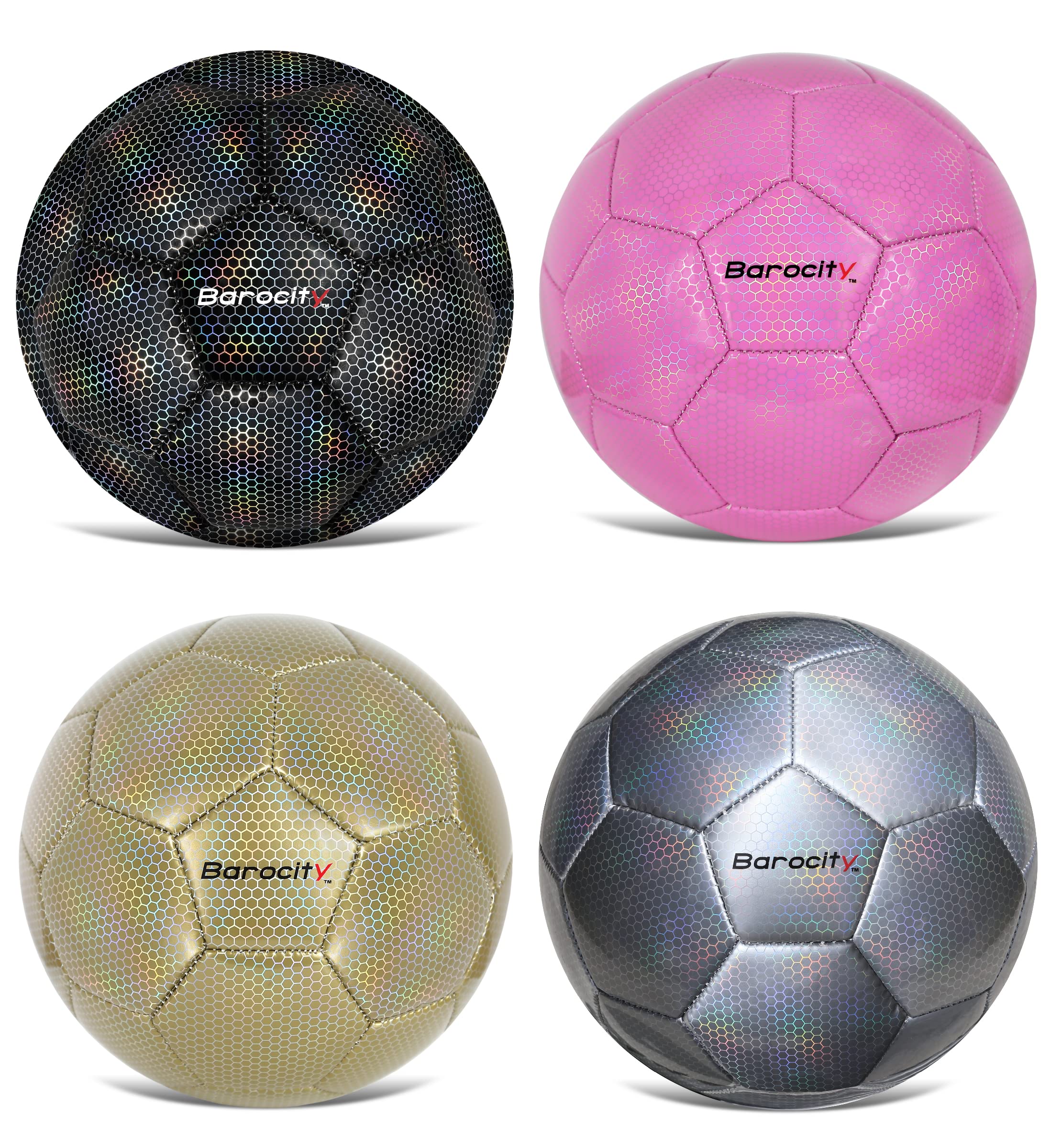 Barocity Iridescent Soccer Balls Set of 4 – Official Size 5 Match Ball with Reflective Hexagon Pattern, Professional Training Soccer Balls for Indoor & Outdoor Games, Practice, Tournaments & Gifts