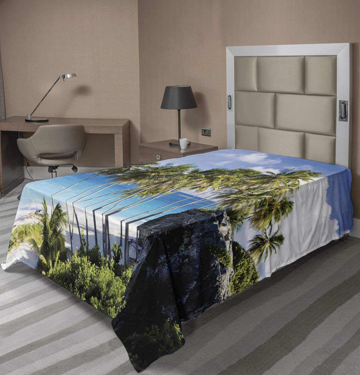 Ambesonne Travel Flat Sheet - Caribbean Island with Palm Tree & Ocean Print, Soft Comfortable Twin XL Top Sheet, Cream Blue - Perfect for Beach-Themed Bedrooms & Vacation Home Decor