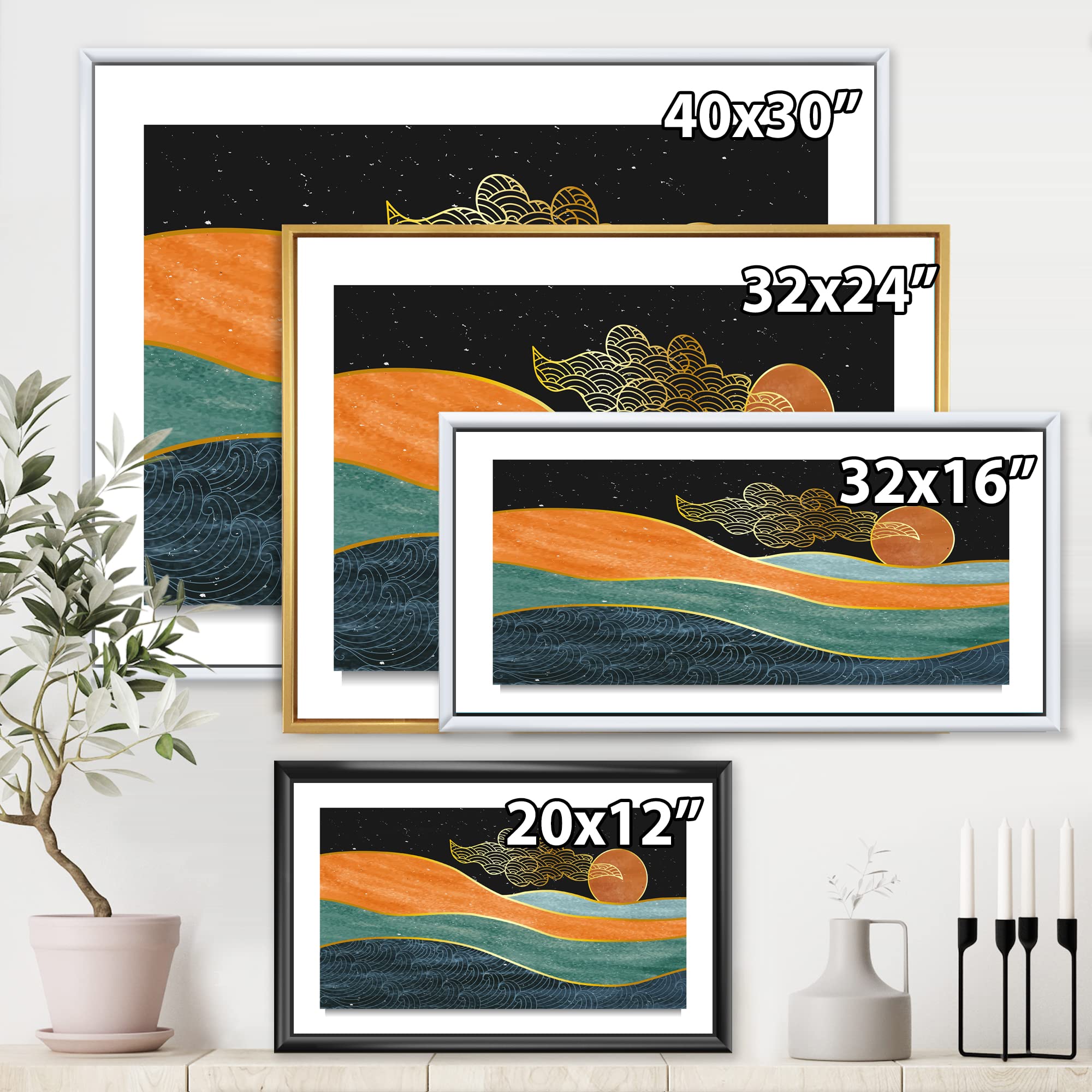 DesignQ Abstract Nature Sea Sky Sun Mountain Landscape - Modern Framed Canvas Wall Art Print for Living Room, Bedroom & Office Decor