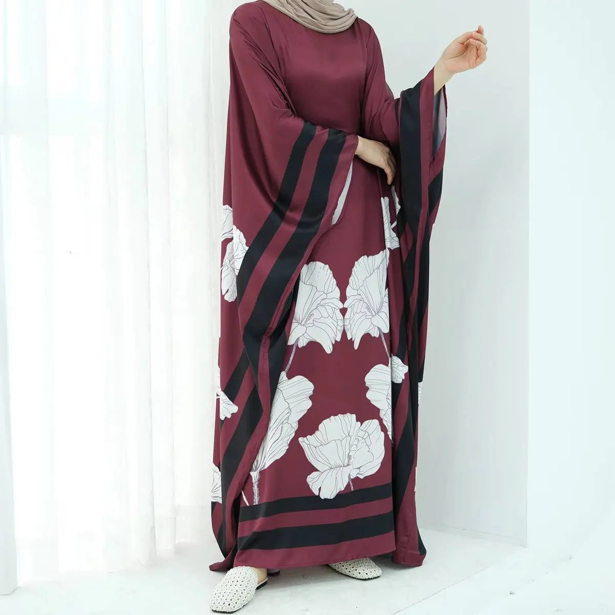 Elegant Satin Abaya Dress with Butterfly Sleeves - Floral Printed Islamic Prayer Dress in Maroon, Green, Pink & White - Perfect for Eid, Ramadan & Special Occasions