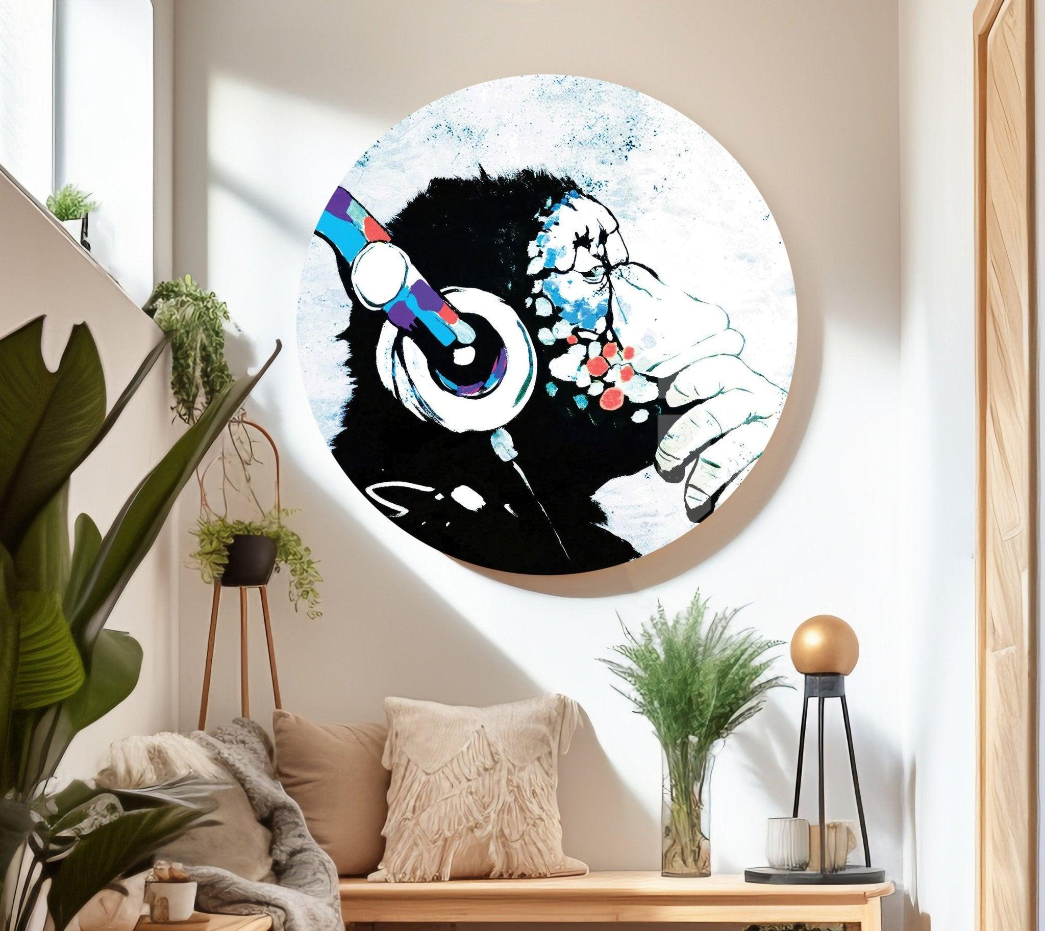 Banksy DJ Monkey Glass Wall Art - Modern Home Decor for Living Room, Bedroom & Office - Unique Street Art Gift for Music Lovers
