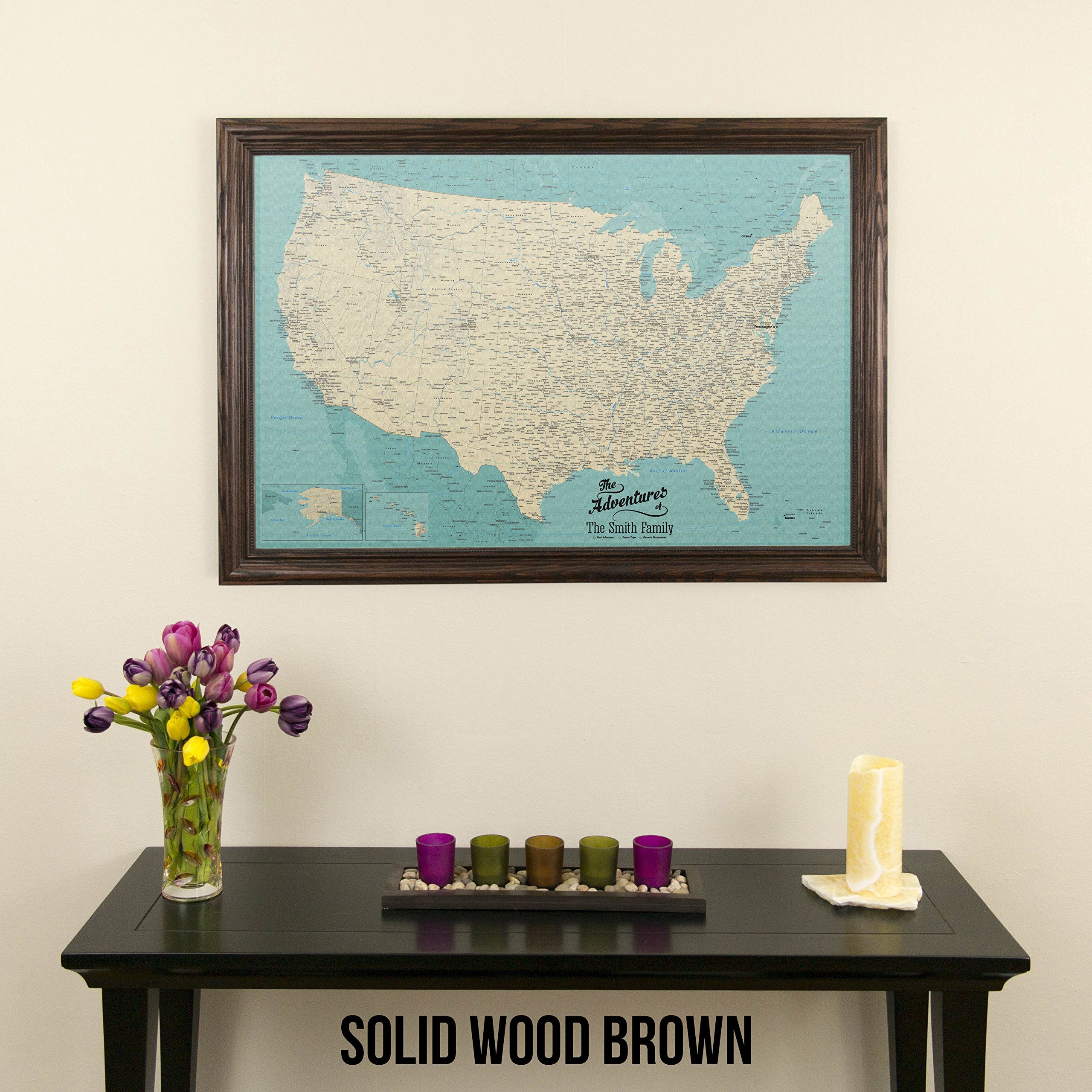 Personalized Teal Dream USA Push Pin Travel Map Canvas with Solid Wood Brown Frame - Perfect for Home Decor, Office Wall Art, and Travel Enthusiasts