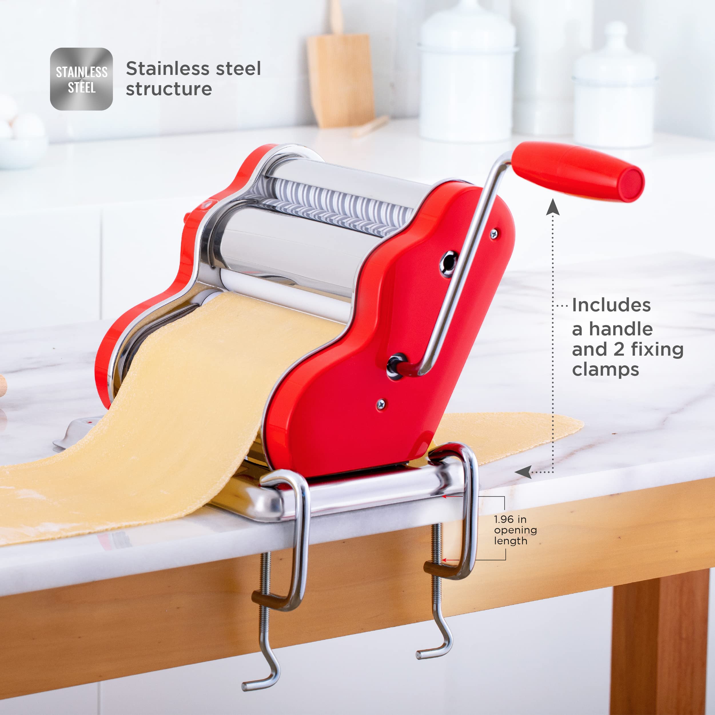 PASTALINDA Classic 260 Pasta Maker Machine - 26cm Wide Stainless Steel Rollers with 9 Thickness & 2 Cutting Positions - Includes Reinforced Hand Crank & 2 Clamps - Perfect for Homemade Pasta, Ravioli & Noodles - Ideal for Italian Cuisine & Family Cooking