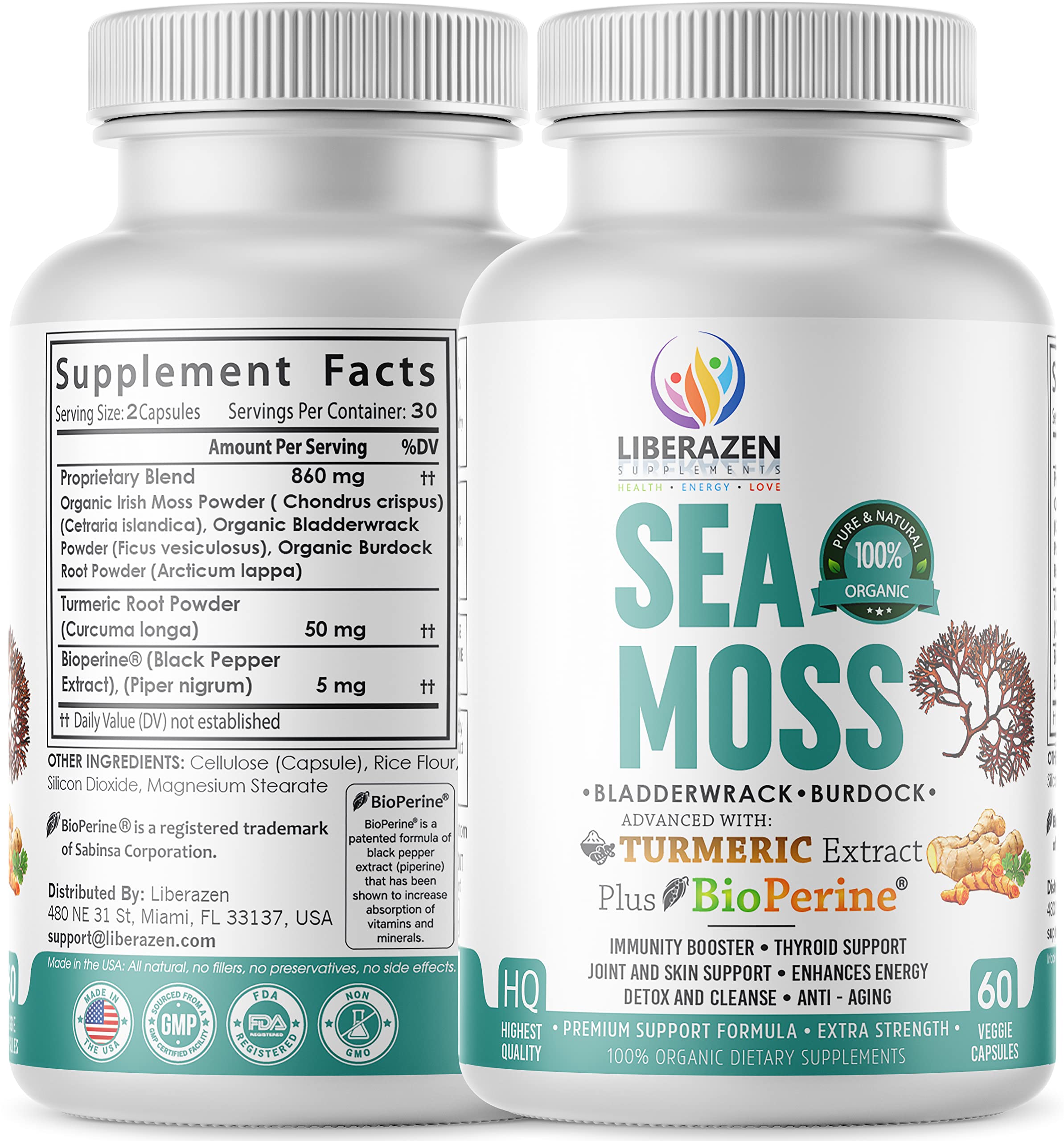 Organic Irish Sea Moss Pills - Wildcrafted Dr. Sebi Inspired Seamoss Blend with Turmeric, Burdock Root & Bladderwrack - Enhanced with Black Pepper for Better Absorption - 60 Vegan Capsules - Supports Immune System, Digestion & Energy - Perfect for Daily Wellness Routine