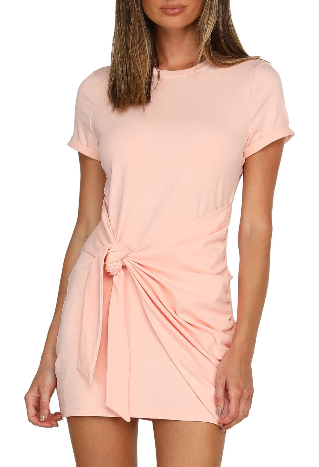 Linsery Women's Casual T-Shirt Mini Dress with Tie Waist - Short Sleeve Tunic Short Dress for Summer Outfits, Beach Wear & Daily Fashion