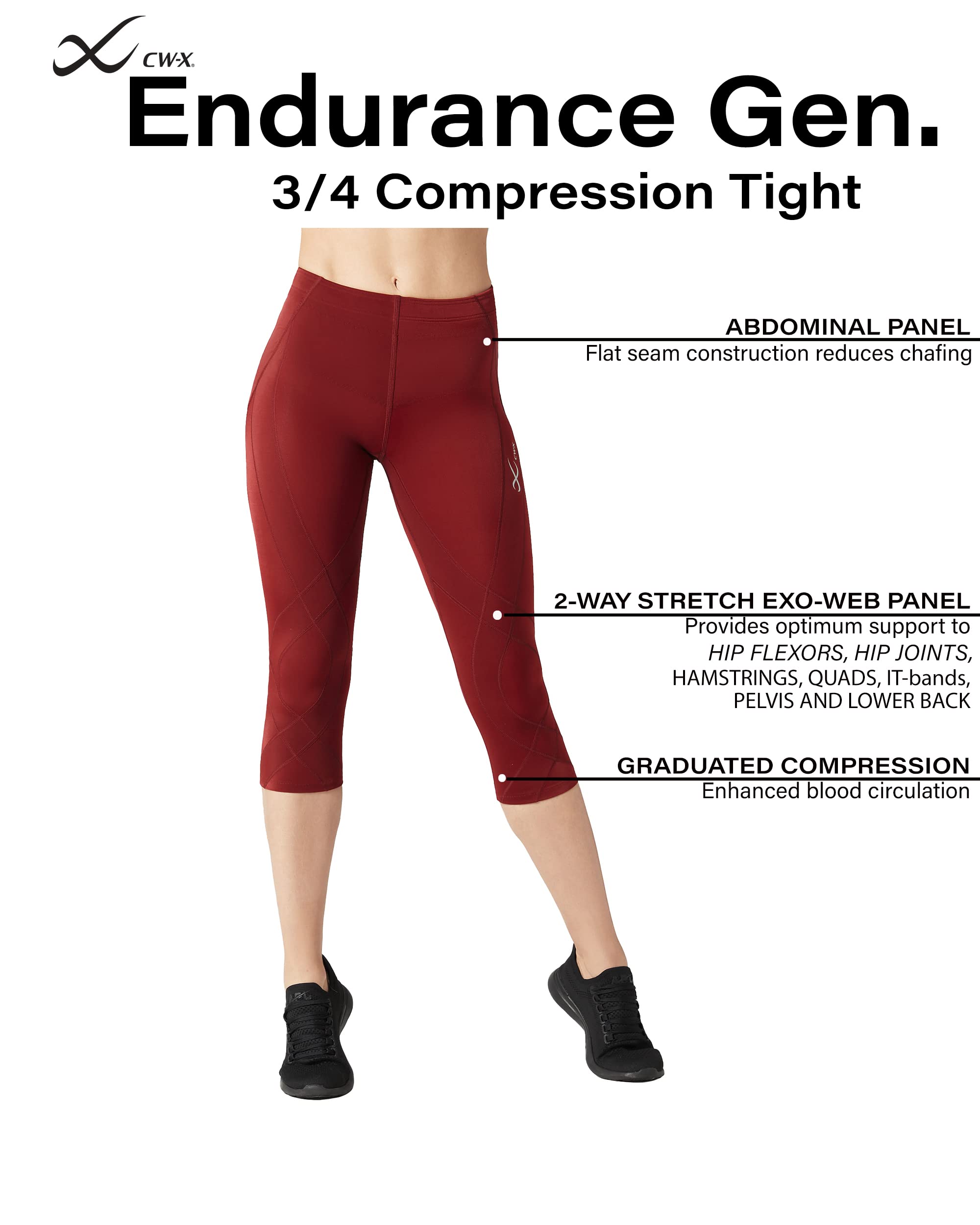 CW-X Women's Endurance Generator 3/4 Compression Tights - Joint & Muscle Support for Running, Cycling & Workouts - High-Performance Athletic Leggings for Active Women