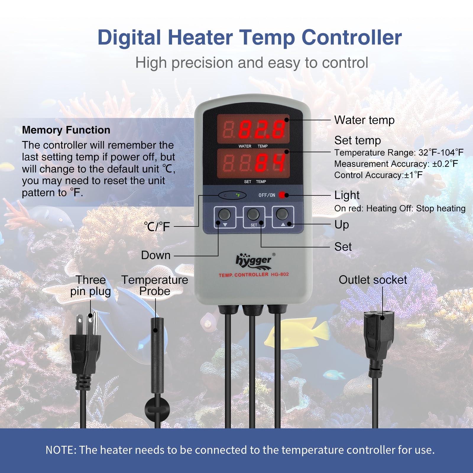 Hygger 500W Titanium Aquarium Heater for Saltwater & Freshwater Fish Tanks - Digital Submersible Heater with External IC Thermostat Controller & Thermometer - Ideal for 60-120 Gallon Aquariums - Perfect for Reef Tanks, Tropical Fish & Marine Life
