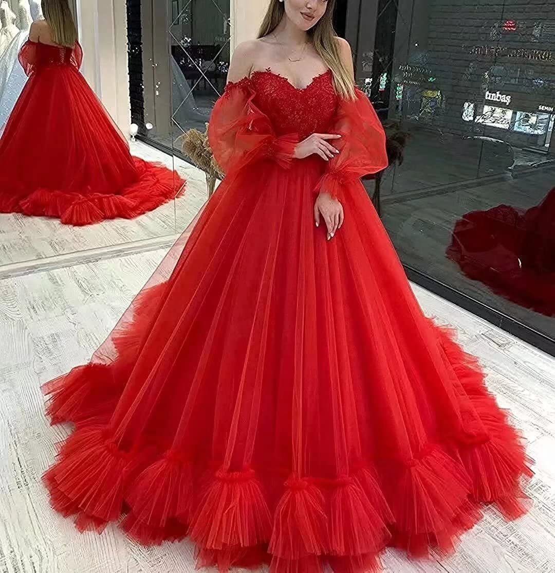Elegant Off Shoulder Lace Ball Gown Quinceanera Dress - Long Sleeve Wedding Dress in Dusty Blue | Plus Size Bridal Gown for Quinceañera, Prom & Formal Events