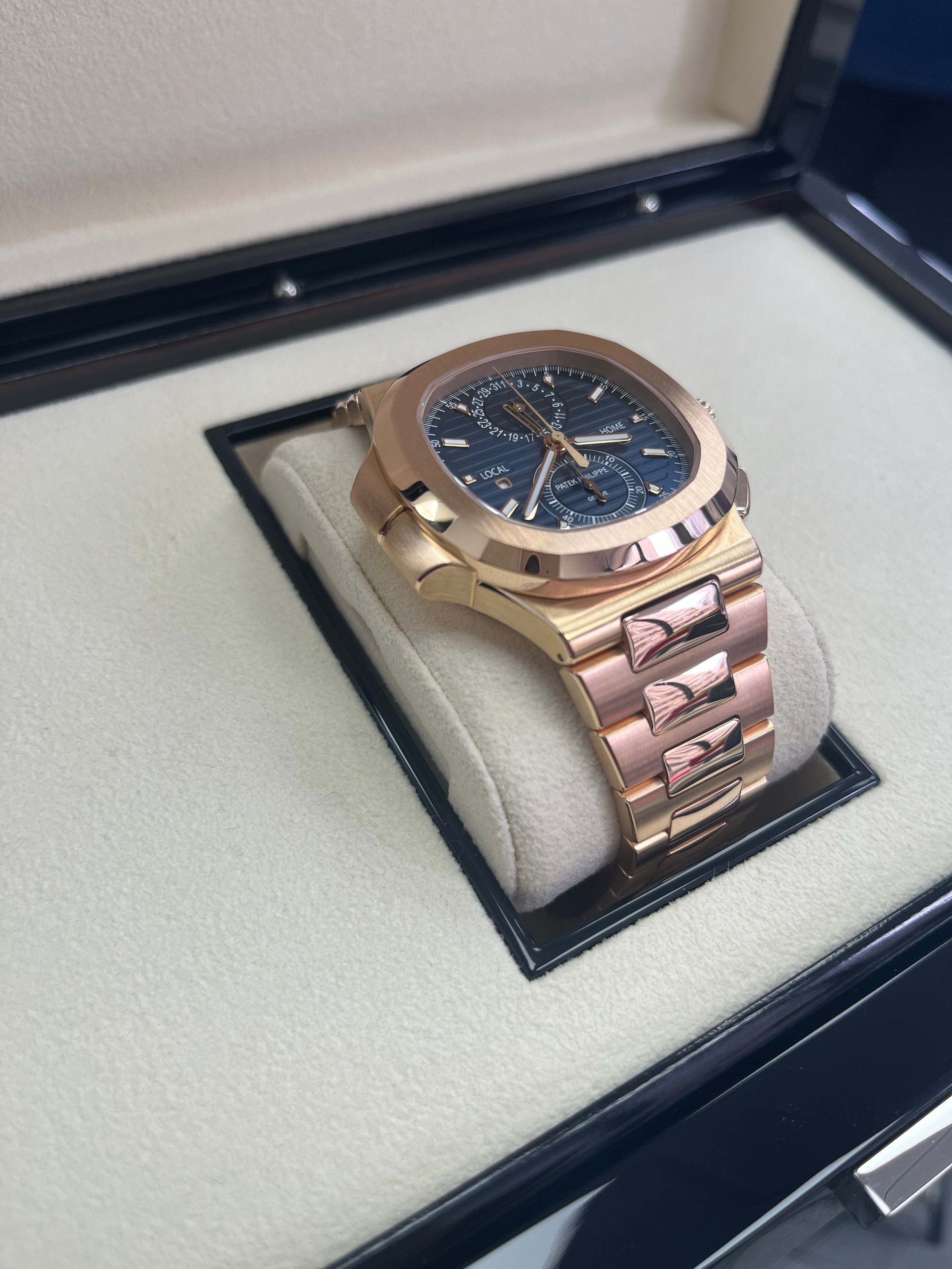 Patek Philippe Nautilus 5990/1R 001 Rose Gold Travel Time Chronograph Watch - Luxury Men's Automatic Timepiece for Business Travel & Formal Occasions