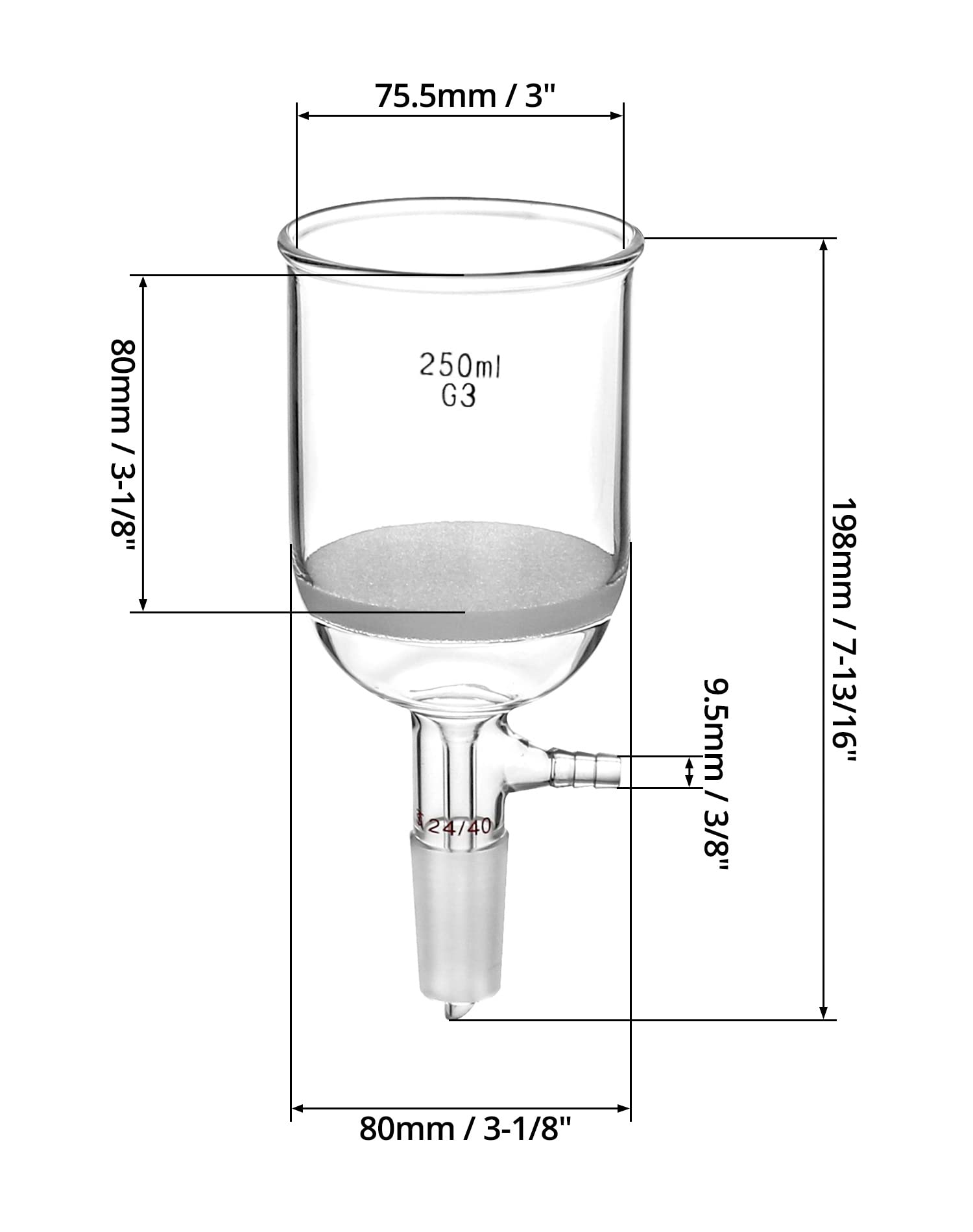 QWORK 250ml Borosilicate Glass Buchner Funnel with 24/40 Standard Taper Joint & G3 Medium Frit - Lab Vacuum Filtration Equipment for Chemistry, Biology Experiments & Scientific Research
