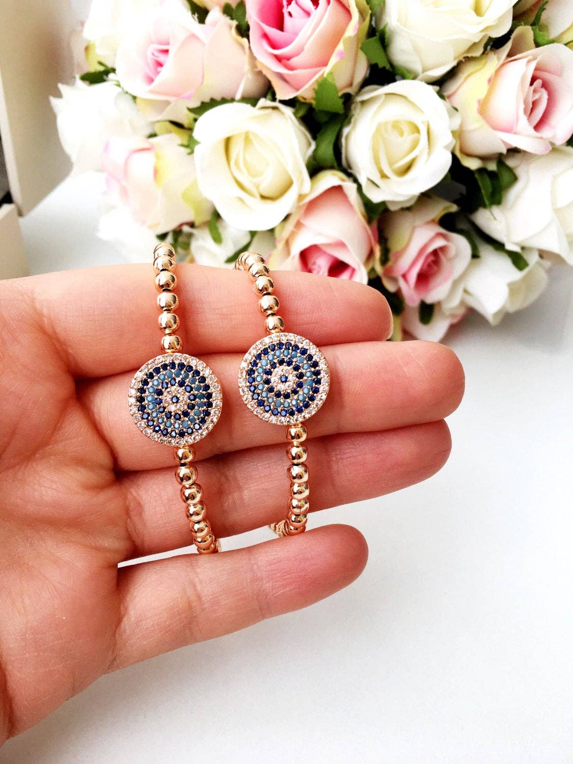 Rose Gold Zirconium Evil Eye Bracelet for Women - Greek Protection Jewelry for Good Luck & Positive Energy - Perfect for Everyday Wear, Gifts & Spiritual Healing