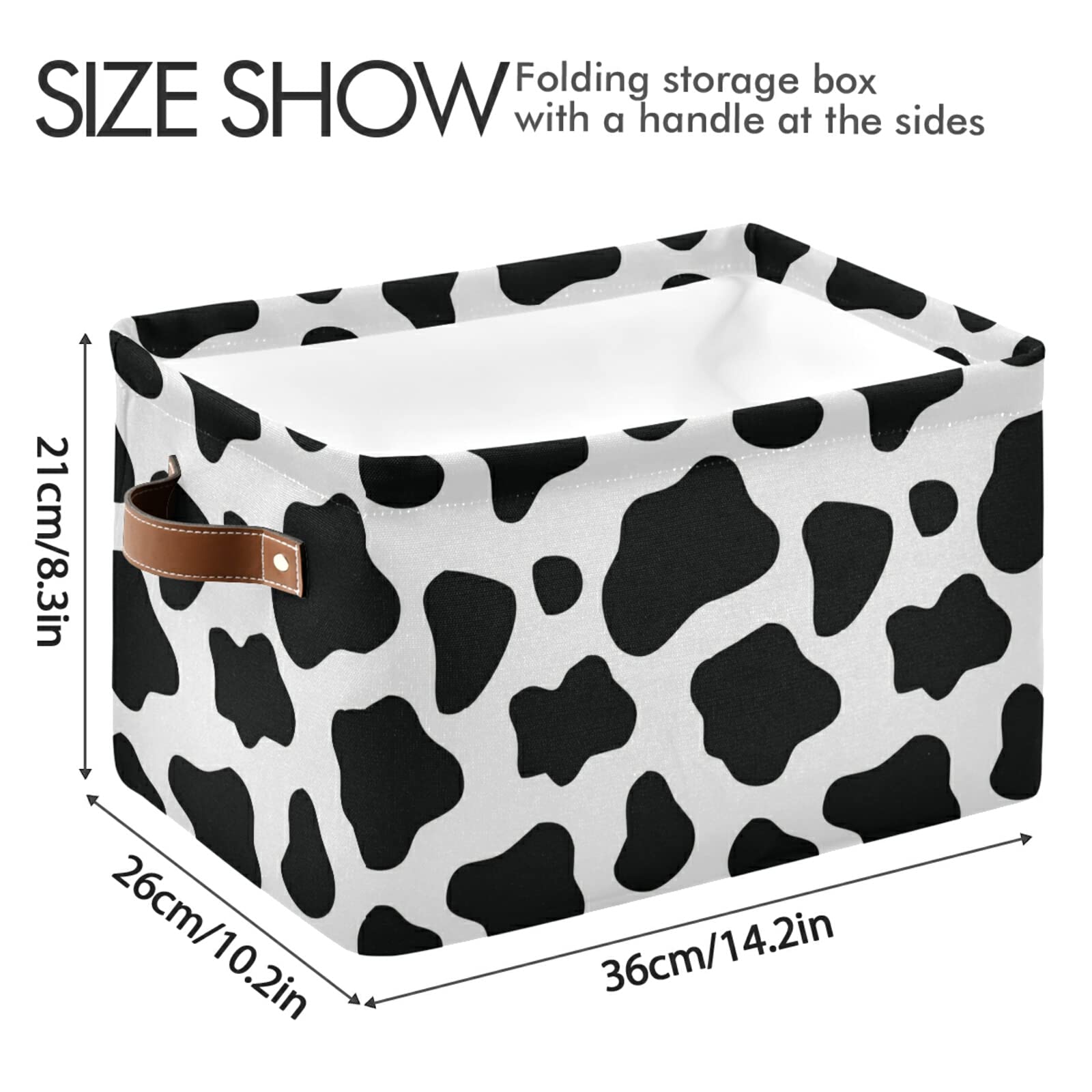 Collapsible Rectangular Storage Basket with Leather Handles - Black & White Cow Print Organizer Bin for Nursery, Shelves & Home Decor | Perfect for Baby Room Organization, Toy Storage & Farmhouse Style Decor