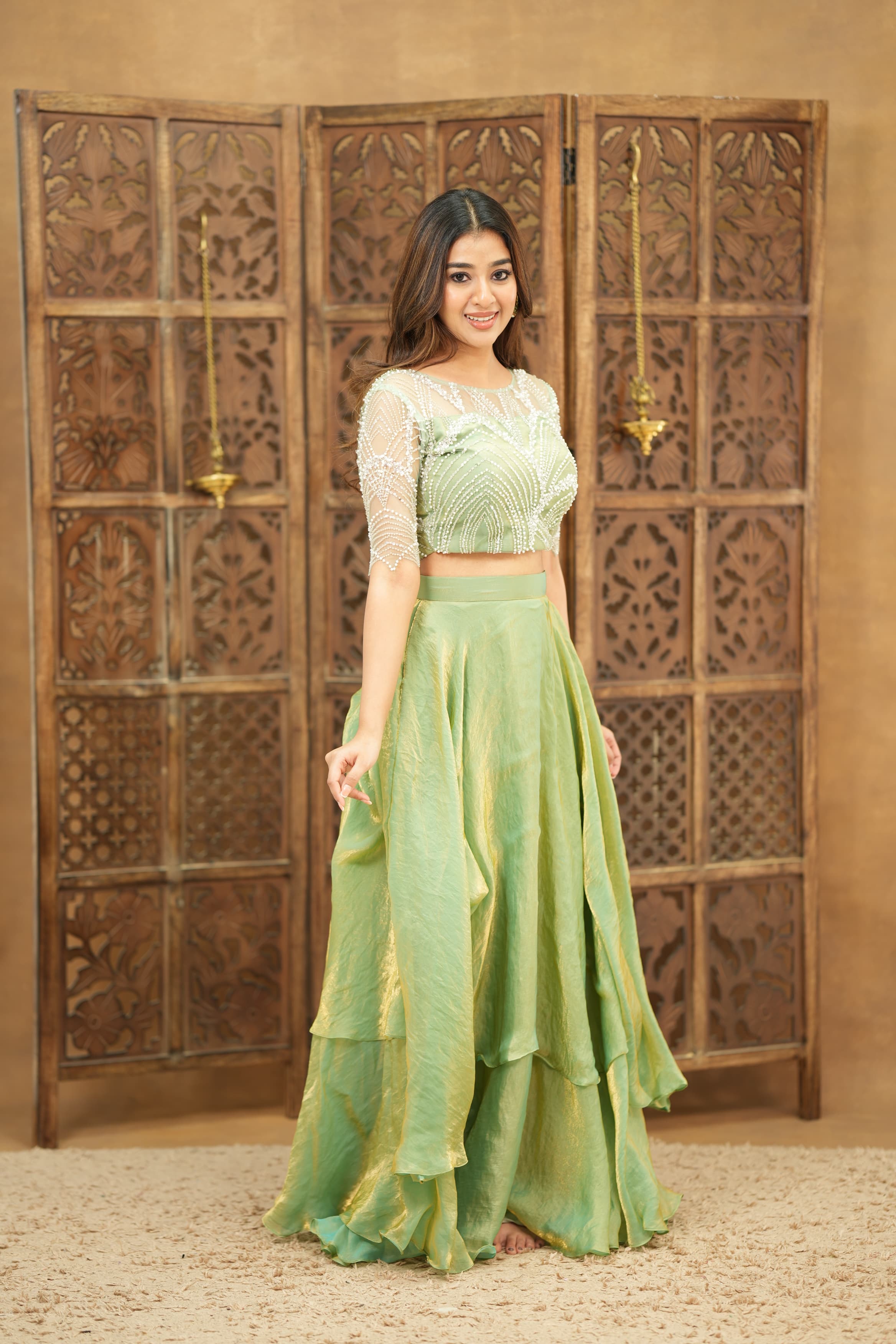 DD730 Ira Premium Pearl Sequence Crop Top and Skirt Set - Elegant Party Outfit for Women, Perfect for Weddings, Prom, and Special Occasions