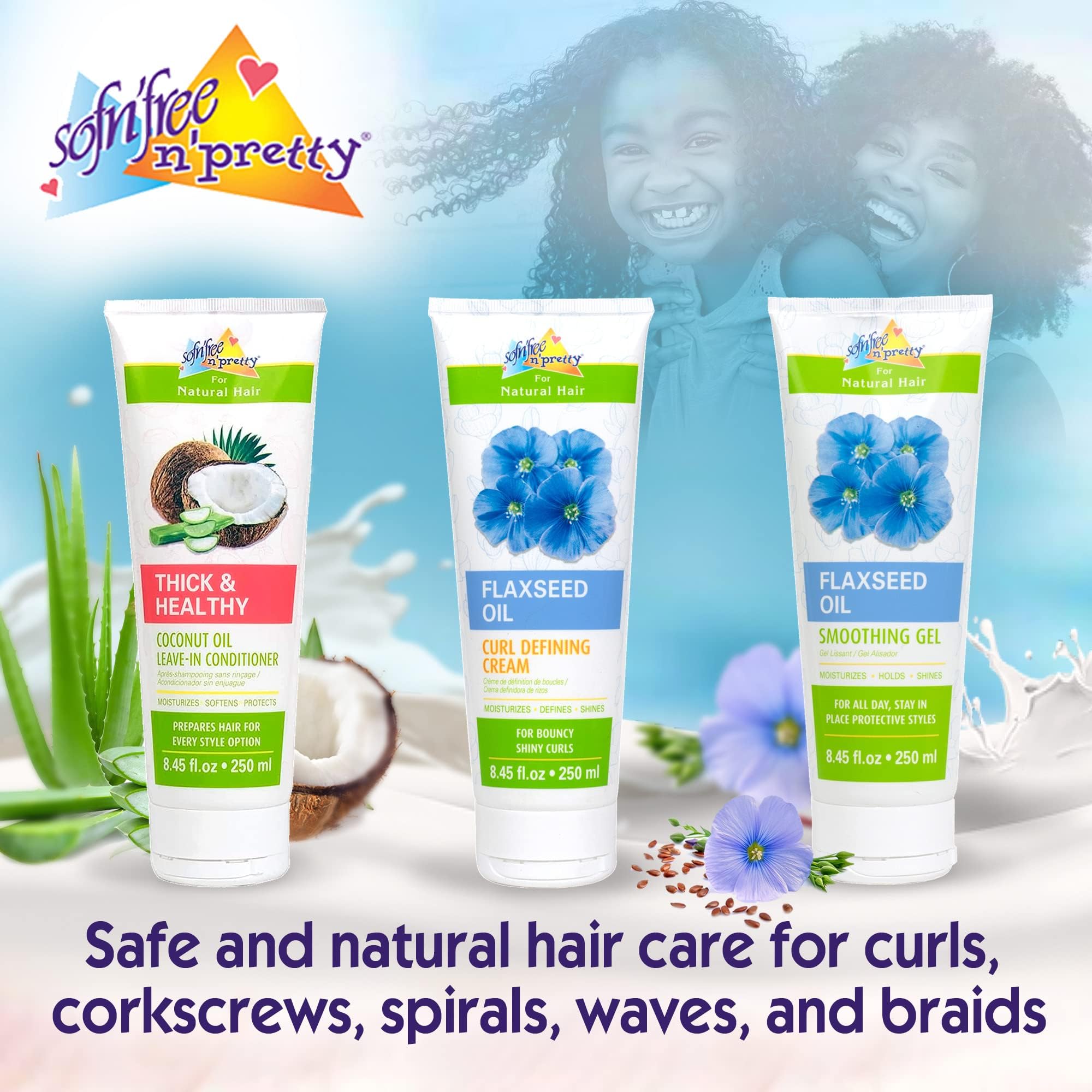 Sofn’Free n’Pretty - Thick & Healthy Coconut Oil Leave-in Conditioner for Curly Hair - Moisturizing & Softening Treatment with Coconut & Aloe Vera - Safe for Kids & Adults - 8.45 Fl Oz - Perfect for Daily Hair Care, Frizz Control & Heat Protection