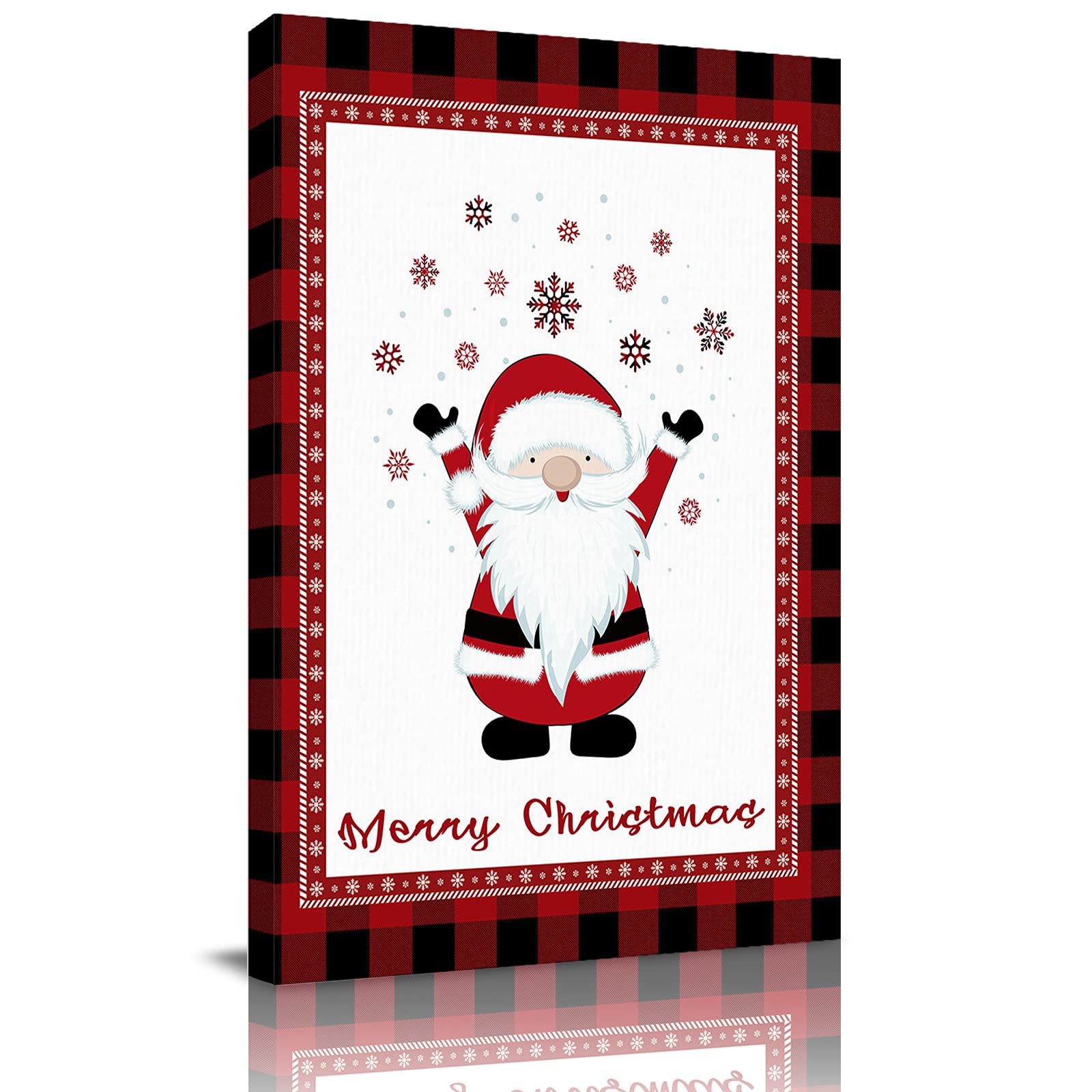 Merry Christmas Gnome Elf Santa Claus Plaid Border Canvas Wall Art - 20