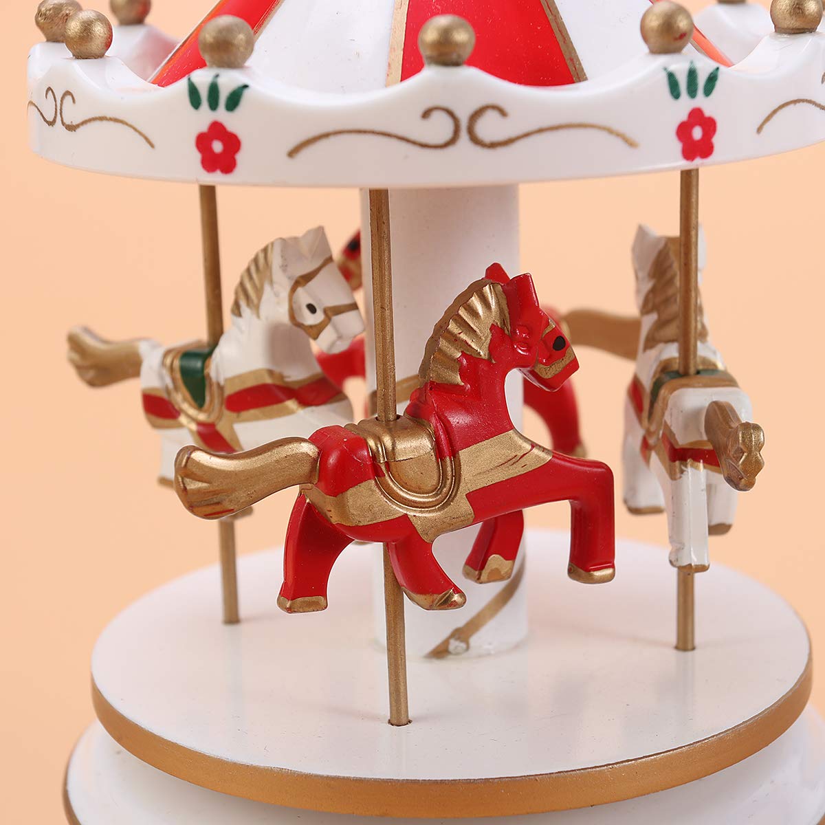 Vosarea Wooden Carousel Music Box - Handcrafted Decorative Desktop Musical Toy with Melodies | Perfect Gift for Christmas, Birthday, Valentine's Day | Home Decor, Nursery Room, Wedding Centerpiece (Red)