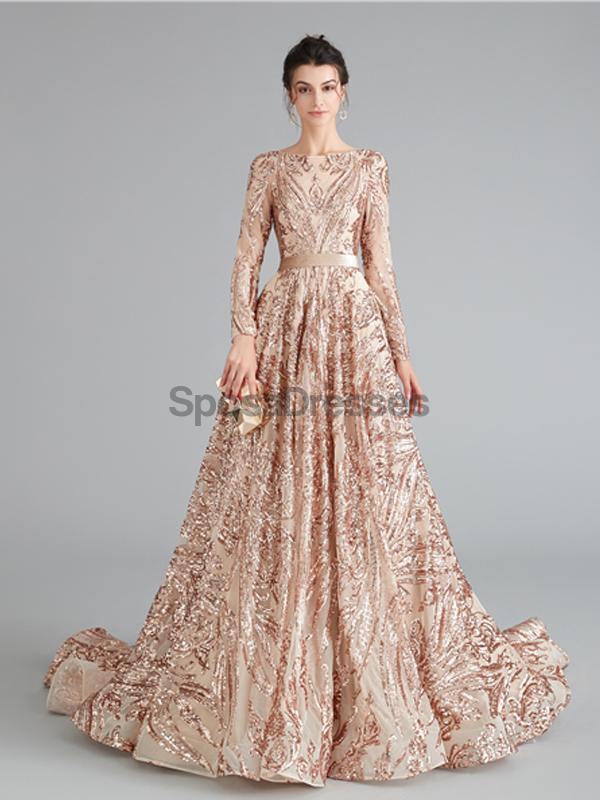 Sparkly Rose Gold Long Sleeve Backless Prom Dress for Evening Party | Elegant Formal Gown for Homecoming, Wedding Guest & Special Occasions