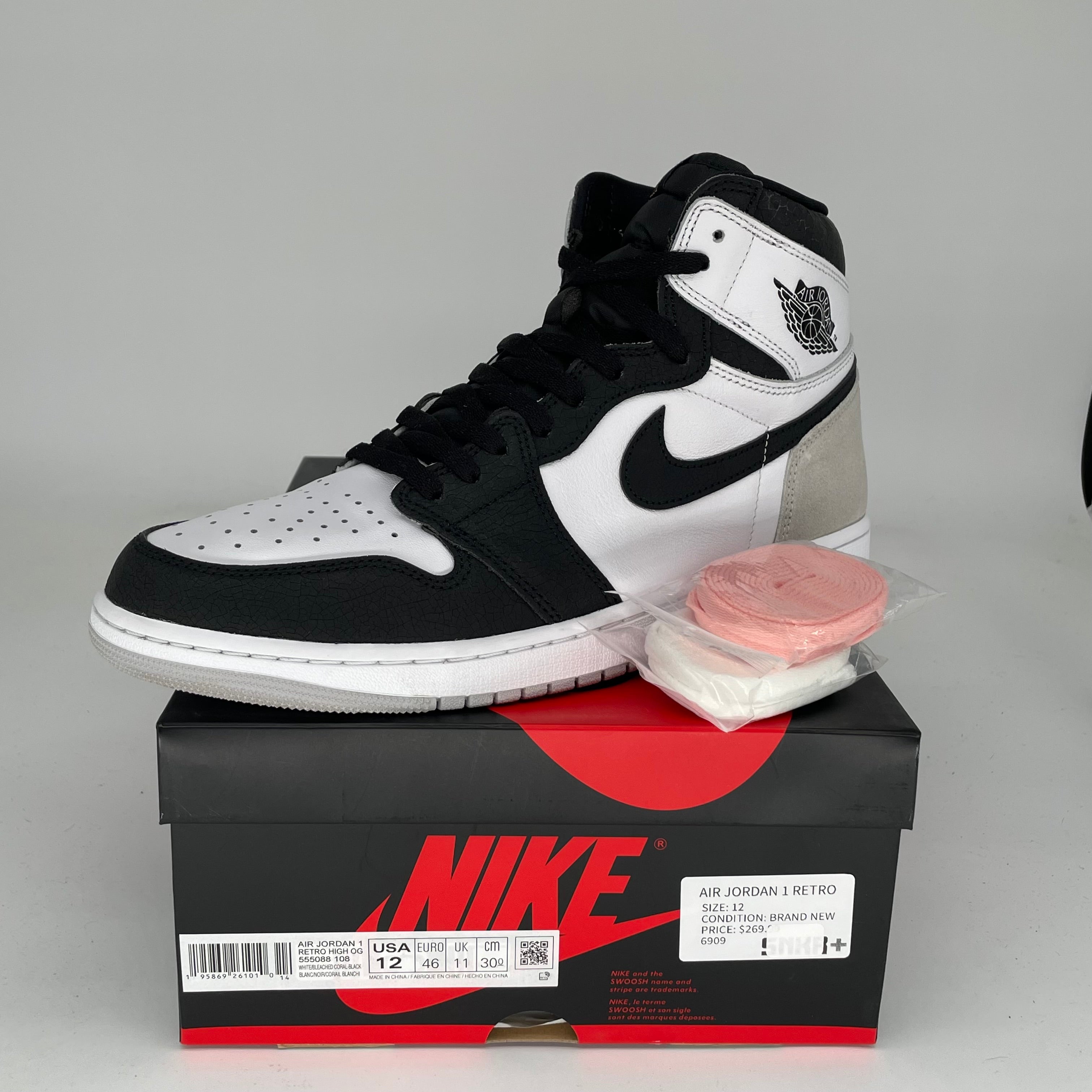 AIR JORDAN 1 BLEACHED CORAL Sneakers - Men's Size 12 (555088-108) - Retro High Top Basketball Shoes for Casual Wear & Street Style