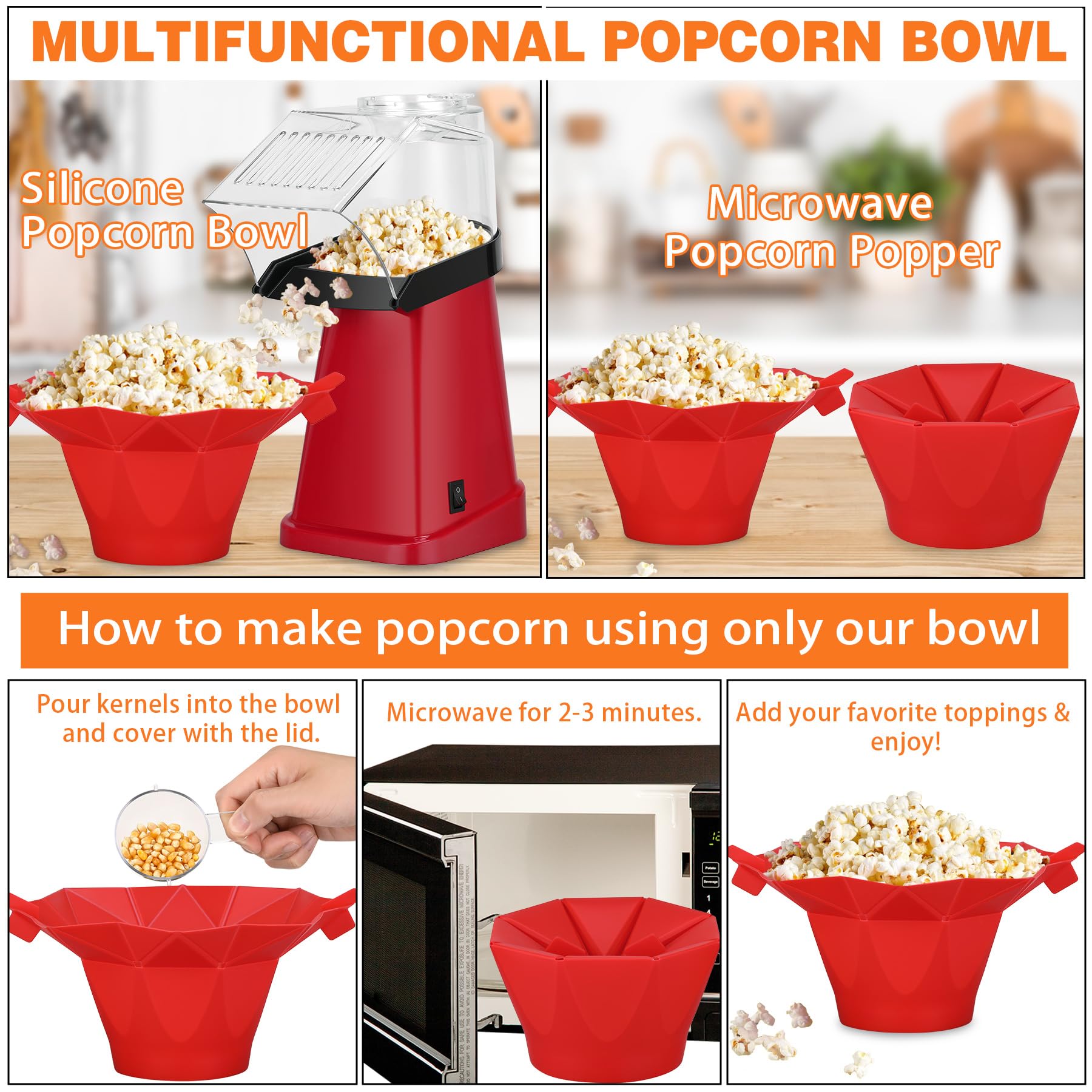 Fast Hot Air Popcorn Popper Machine with 16-Cup Bowl, Measuring Cup & Butter Tray - Quick Healthy Snack Maker for Movie Nights, Parties & Family Gatherings (Red)