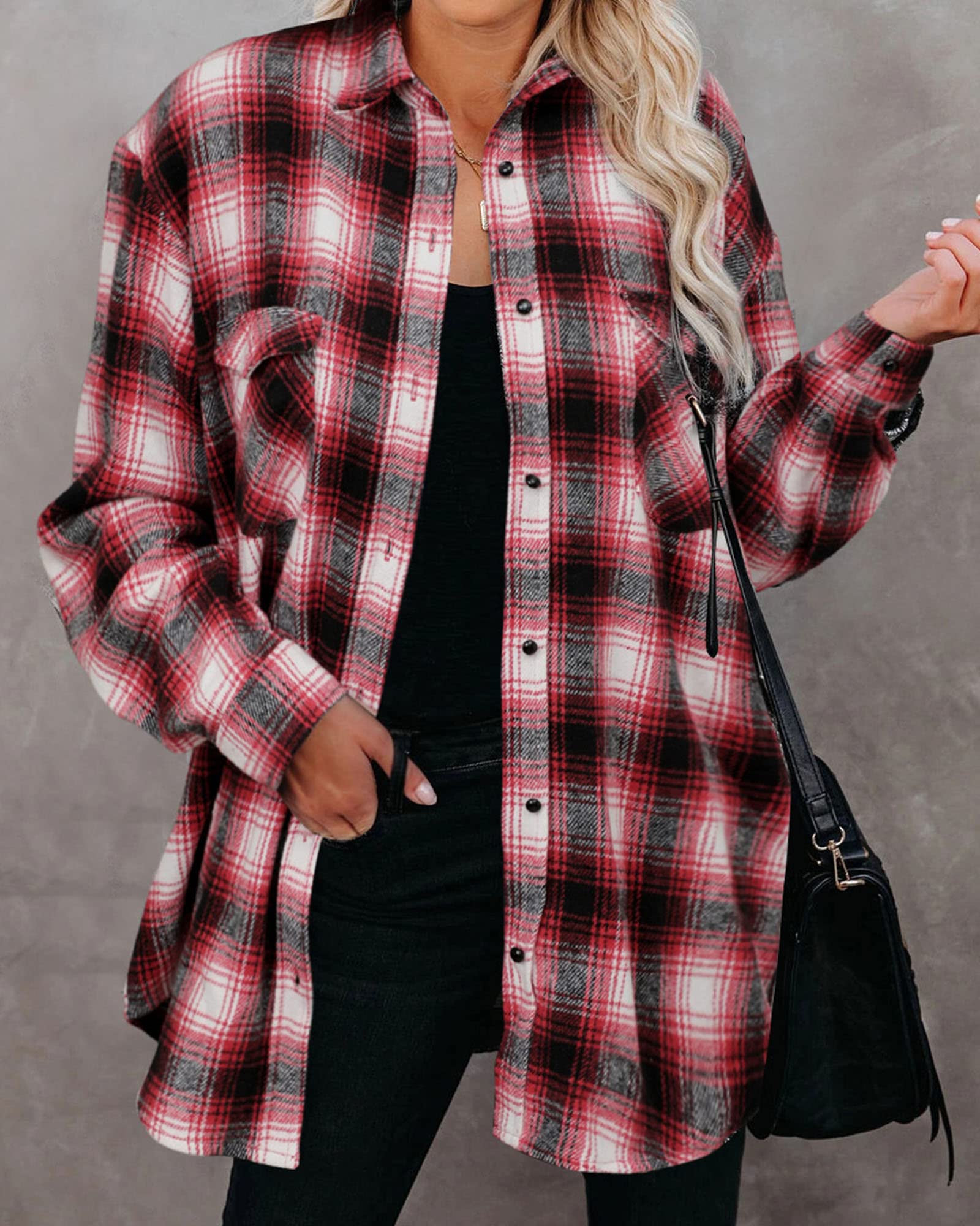 BTFBM Women's Plaid Flannel Shacket - Long Sleeve Button Down Casual Blouse for Fall & Spring | Loose Fit Tops for Work, Weekend & Outdoor Activities (2025 Fashion)