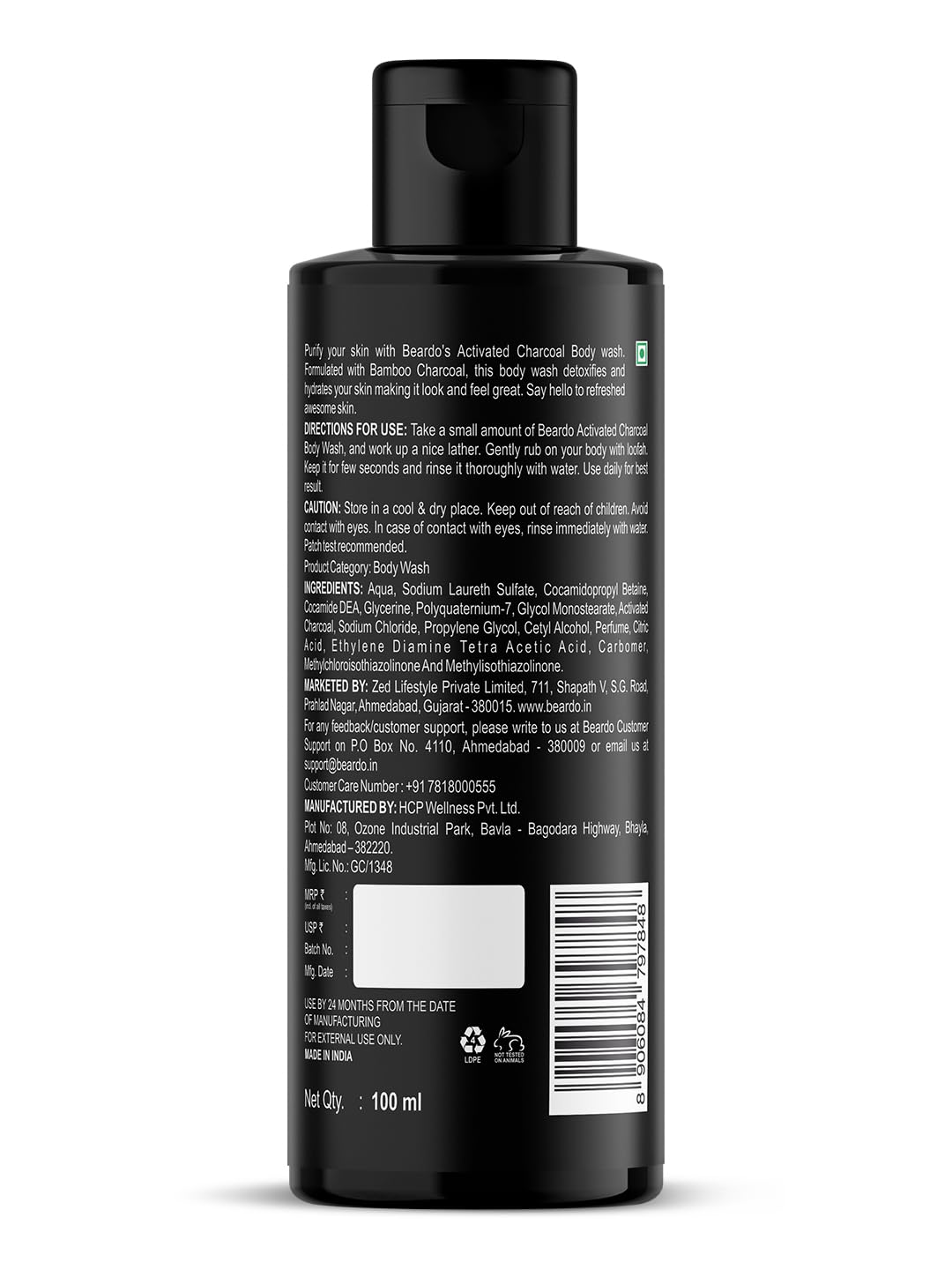Beardo Activated Charcoal Anti-Pollution Body Wash for Men - 100ml Deep Pore Cleanser | Removes Dirt, Oil & Impurities | Face & Body Wash | Reduces Acne & Controls Oil | Perfect for Gym, Travel & Daily Shower Routine