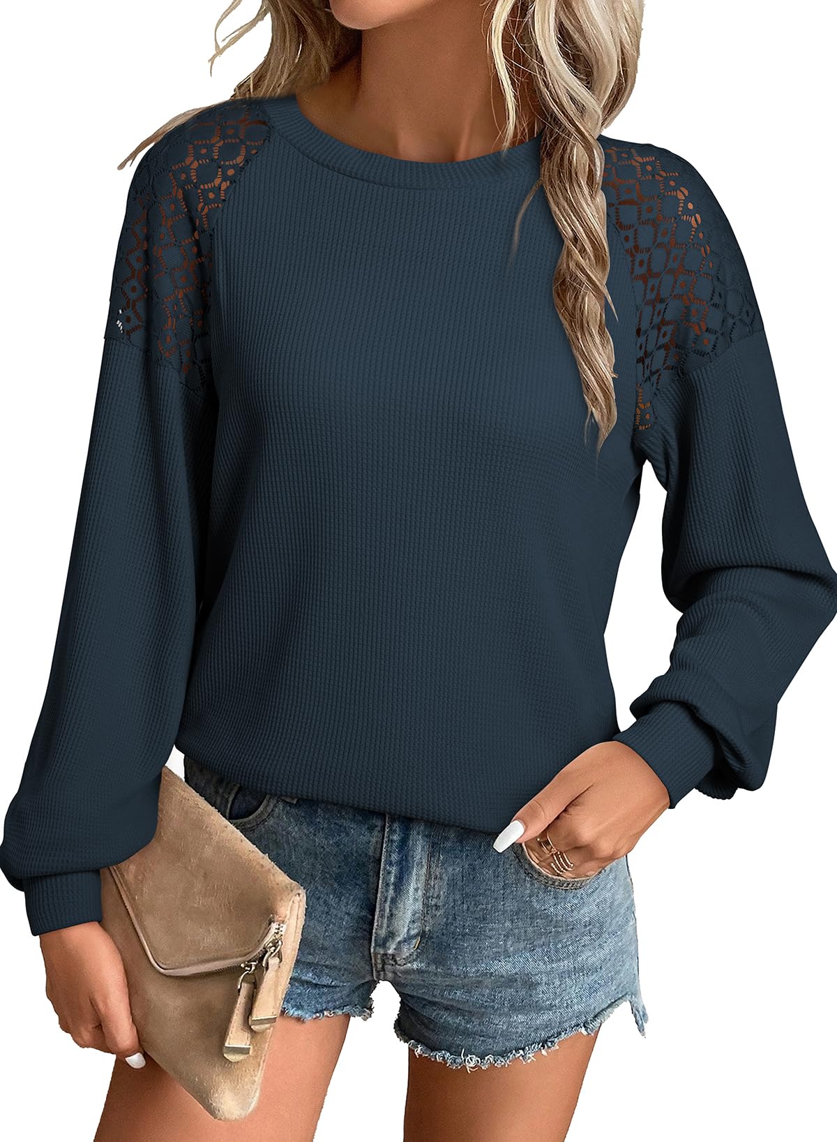 EVALESS Women's Long Sleeve T-Shirt - Crewneck Waffle Knit Top with Lace Patchwork Detail, Trendy Casual Blouse for Work, Date Night & Everyday Wear