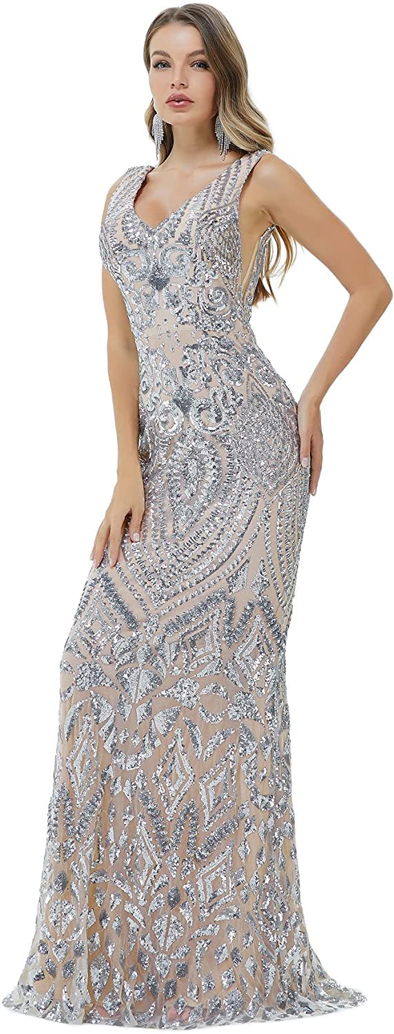 FCOMES Women's Sparkling Sequin Mermaid Evening Dress for Prom, Party, Formal Events - Elegant Short Sleeve Gown for Special Occasions & Night Out