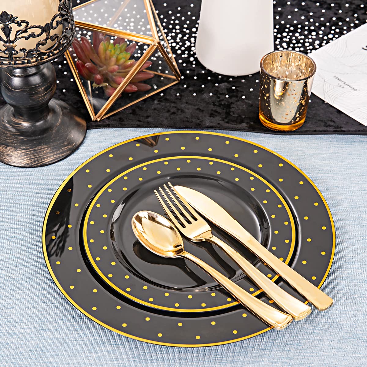 DaYammi 200-Piece Black and Gold Disposable Plastic Party Plates Set - Includes 40 Dinner Plates, 40 Dessert Plates, 40 Forks, 40 Knives & 40 Spoons - Elegant Tableware for Weddings, Birthdays, Anniversaries & Special Events