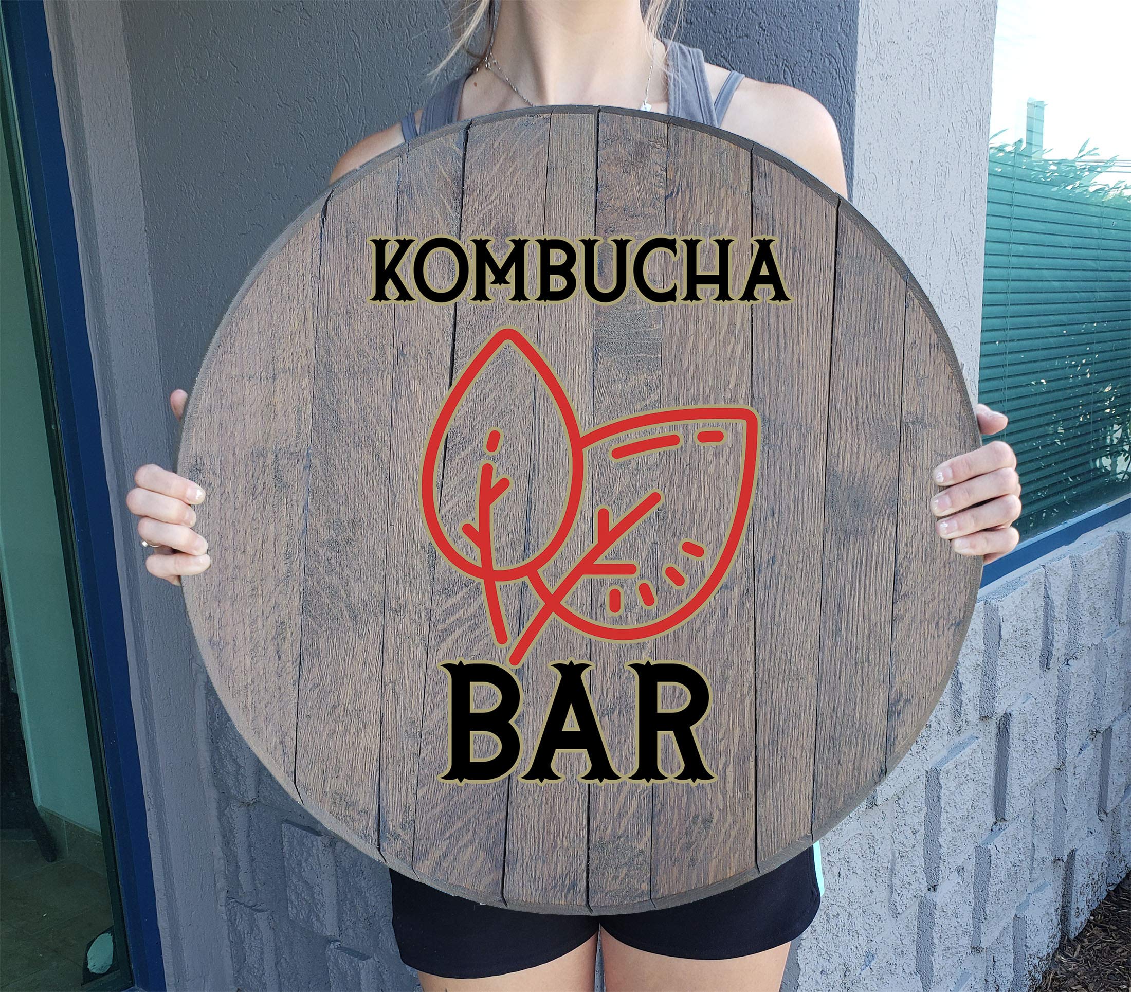 Rustic RWD Healthy Kombucha Bar Decor - Reclaimed Barnwood Gray Wall Art, Whiskey Barrel Lid Sign for Home, Pub & Cafe Decor | Perfect for Farmhouse, Bar & Restaurant Interior Design