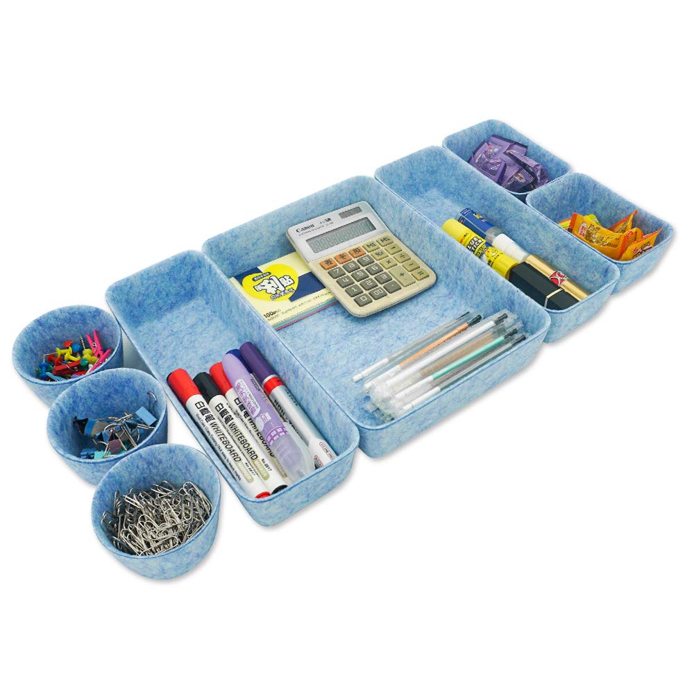 HIFELTY Felt Desk Drawer Organizer Bins Set of 8 - Blue Office Drawer Dividers for Stationery, Makeup & Craft Supplies | Perfect for Home, Office & School Organization