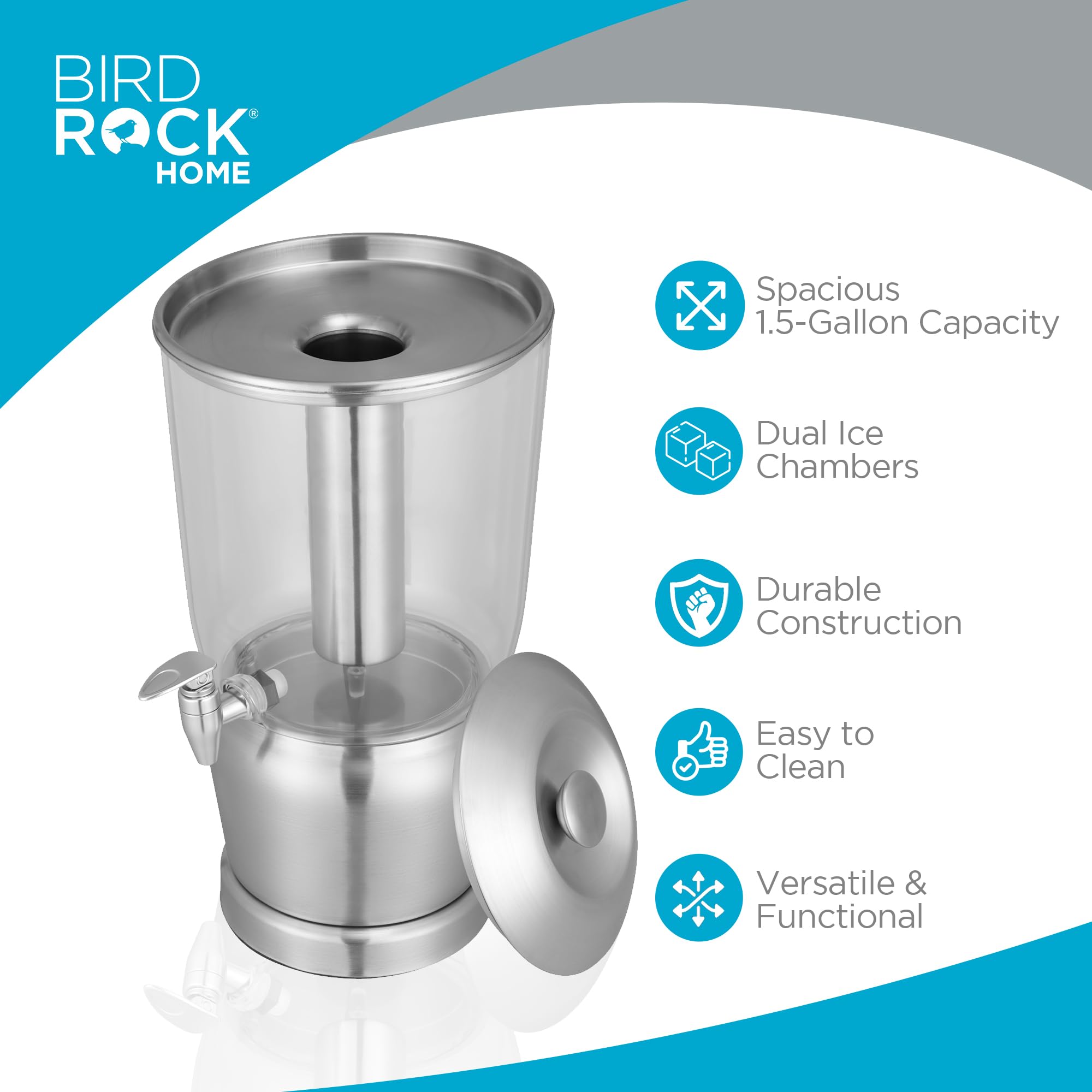 BirdRock Home 1.5 Gallon Stainless Steel Beverage Dispenser with Ice Core, Stand & Spigot - Round BPA-Free Clear Acrylic Drink Dispenser for Parties, BBQs, and Outdoor Events