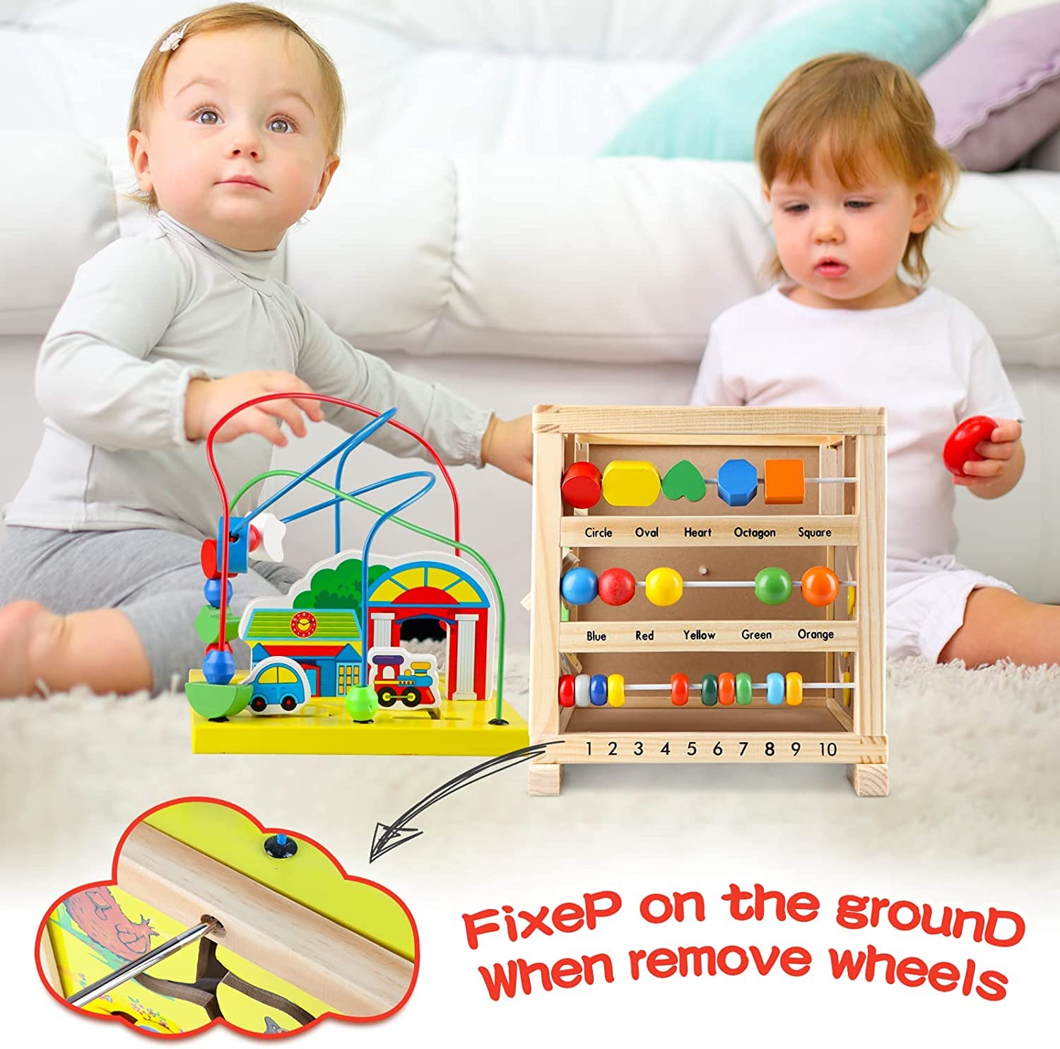 Wondertoys 6-in-1 Wooden Activity Cube - Bead Maze, Shape Sorter, Abacus & Learning Walker | Educational Baby Push Pull Toy | Perfect Gift for Toddlers 1-3 Years | Great for Early Learning & Motor Skill Development