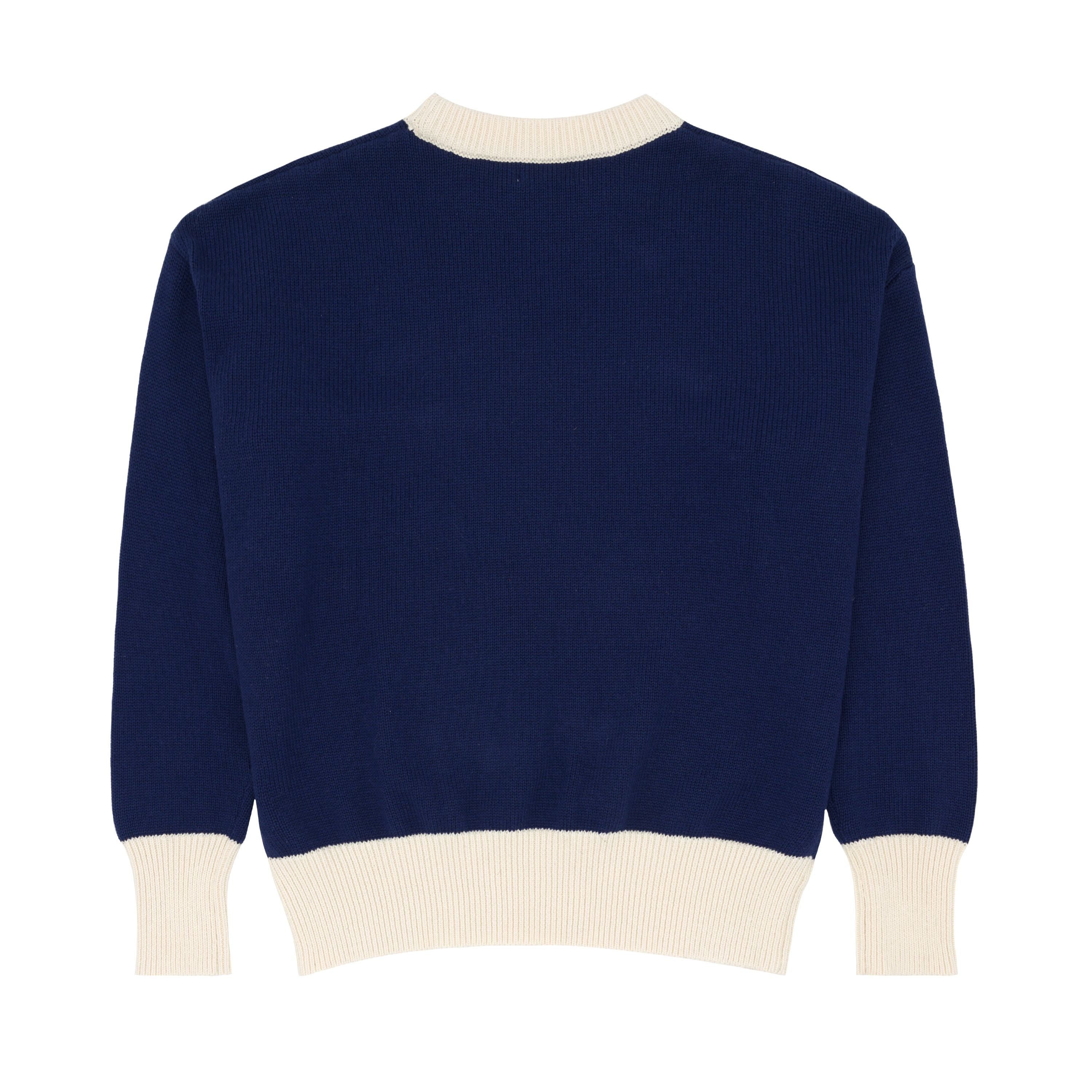 Women's Navy Blue and Cream Trim Knit Sweater - Cozy Pullover for Casual Wear, Office Outfits & Fall Layering